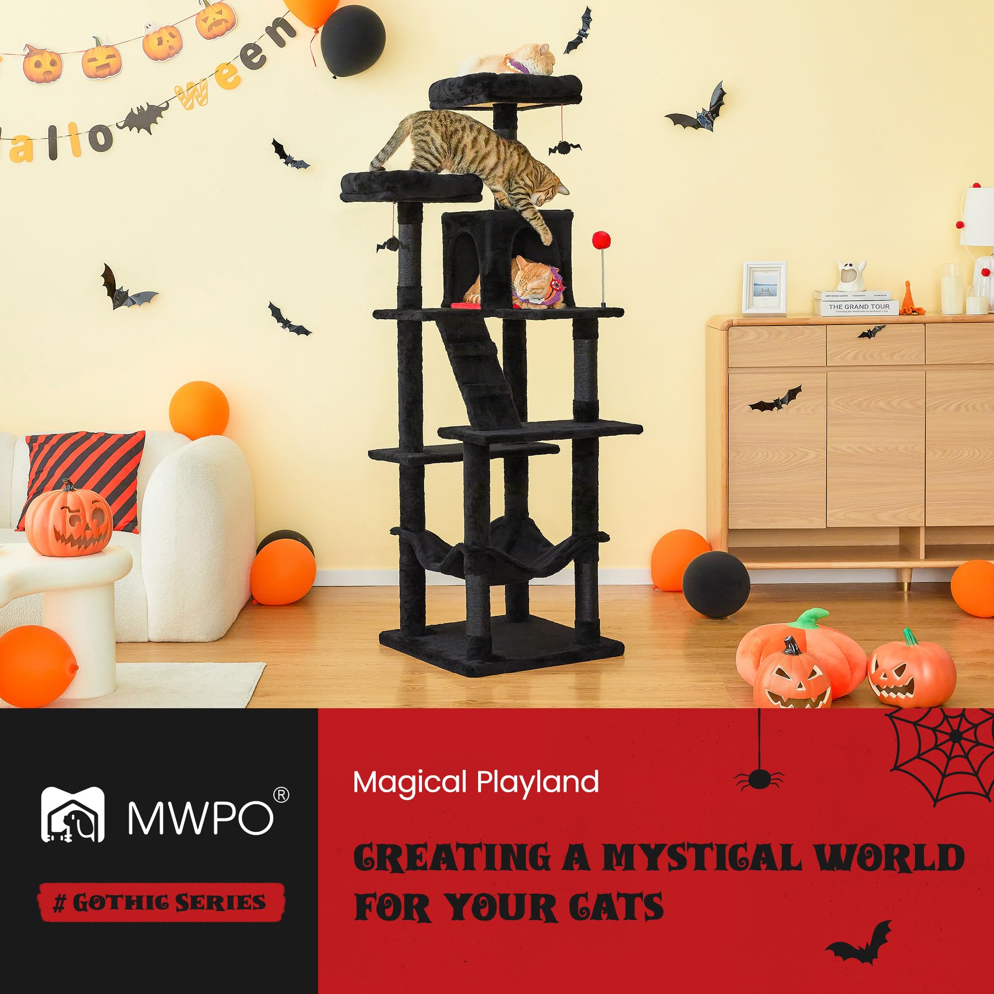 Mwpo Gothic Large Cat Tree, 70.1-Inch Multi-Level Tall Cat Tower For Indoor Cats, Plush Cat Condo With Big Padded Perches, Sisal
