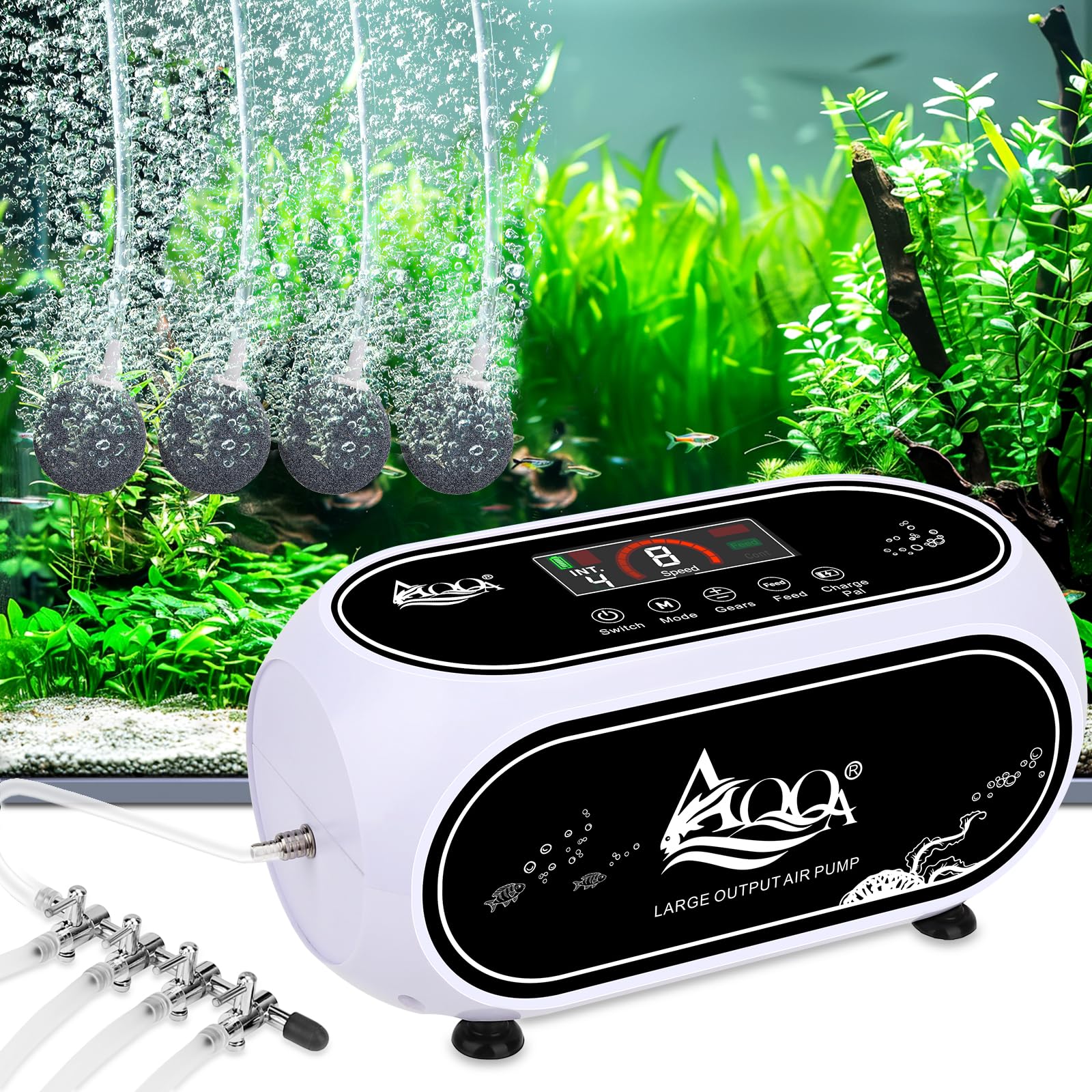 AQQA Multifunction Aquarium Air Pump,Powerful Rechargeable Battery Fish Tank Air Pump,Multi-Gear Continuous Mode+Intermittent Mo