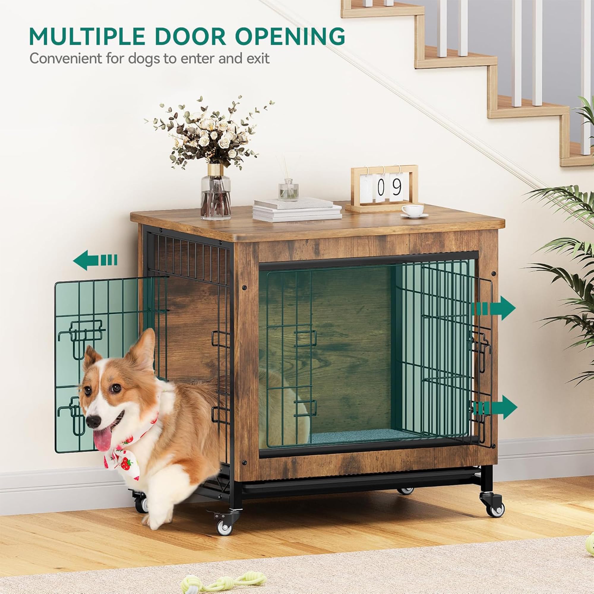 Dwvo Dog Crate Furniture With Wheels, 27'' Dog Kennel Indoor With Cushion, Dog Crate End Table With Tray, Dog Cage With Double D