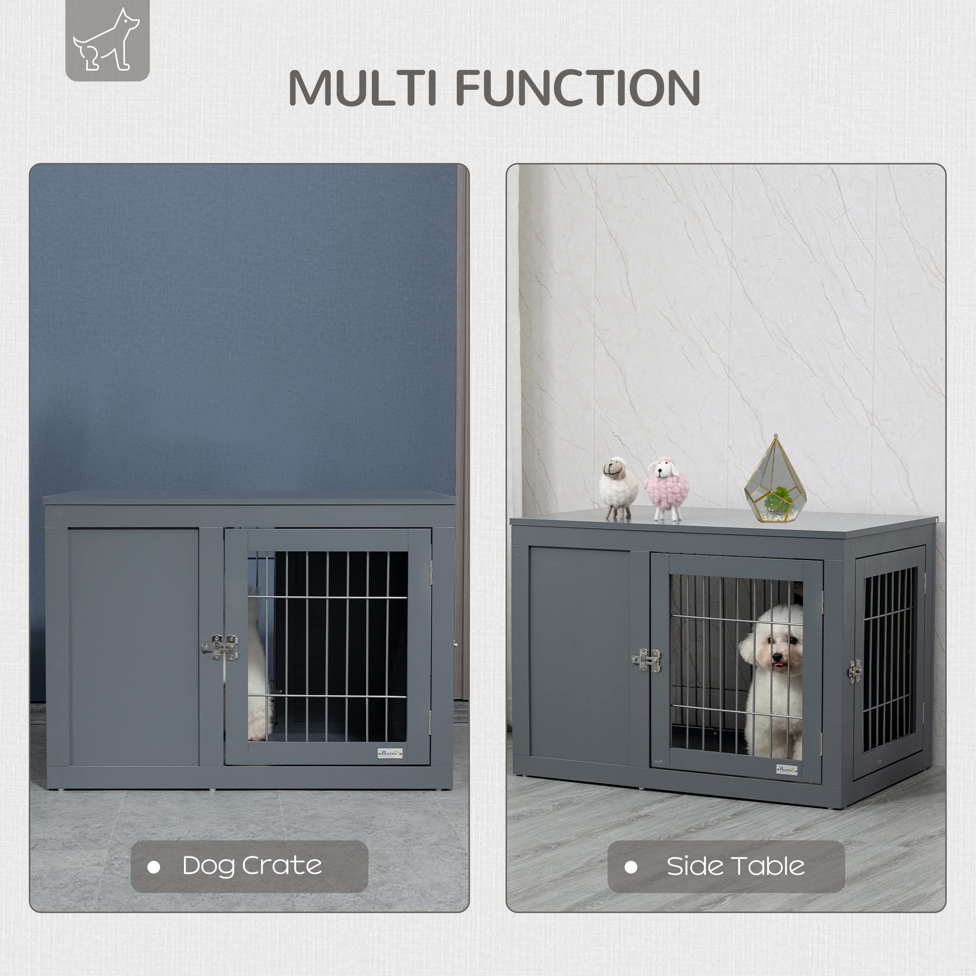Pawhut Furniture Style Dog Crate For Small And Medium Dogs, End Table Pet Cage With Two Lockable Doors - Grey