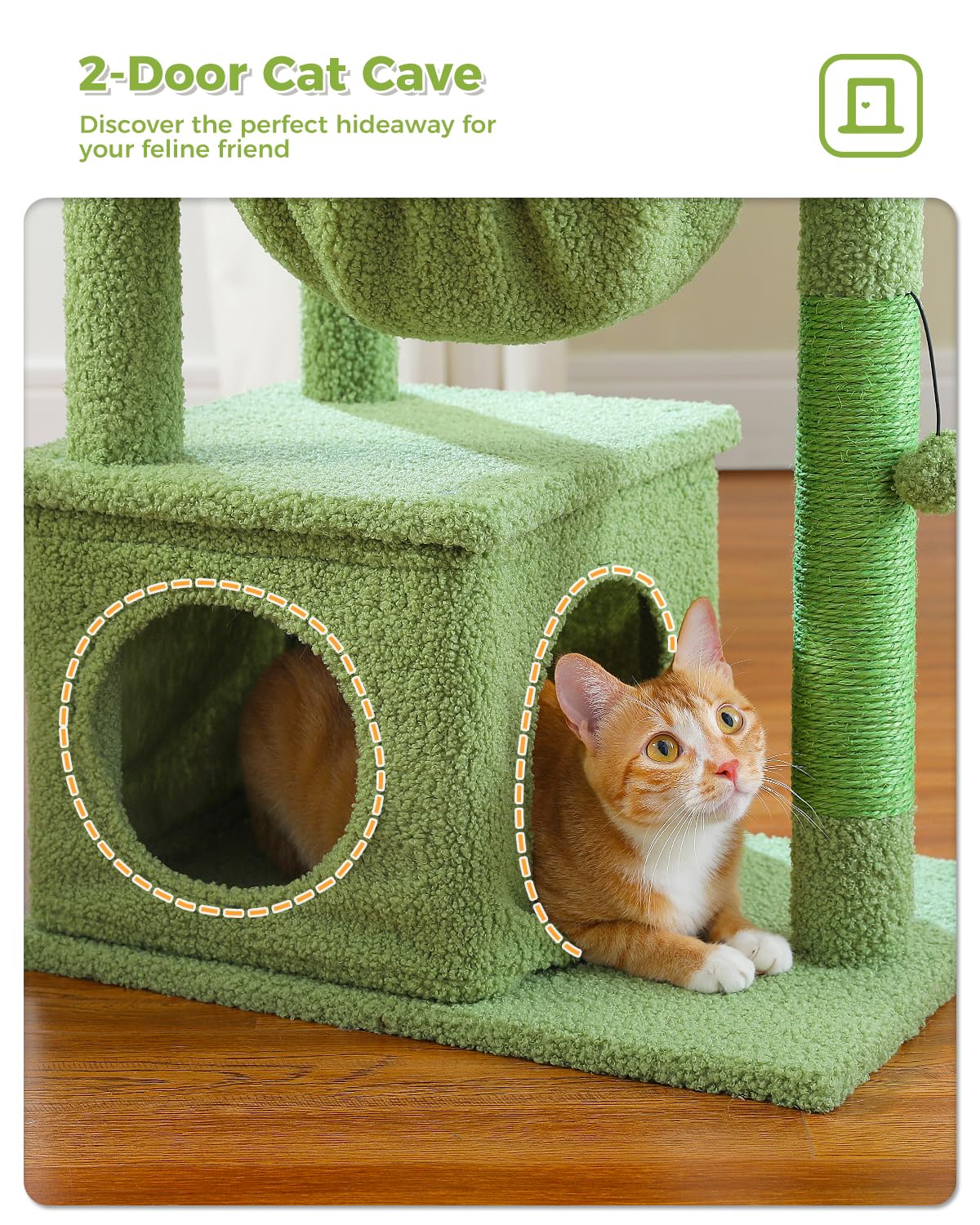 Muttros Cactus Cat Tree, 47.6'' Cat Tower With 2 Metal Frame Hammock, Cat Scratching Post For Indoor Cats With 2 Removable Pompo