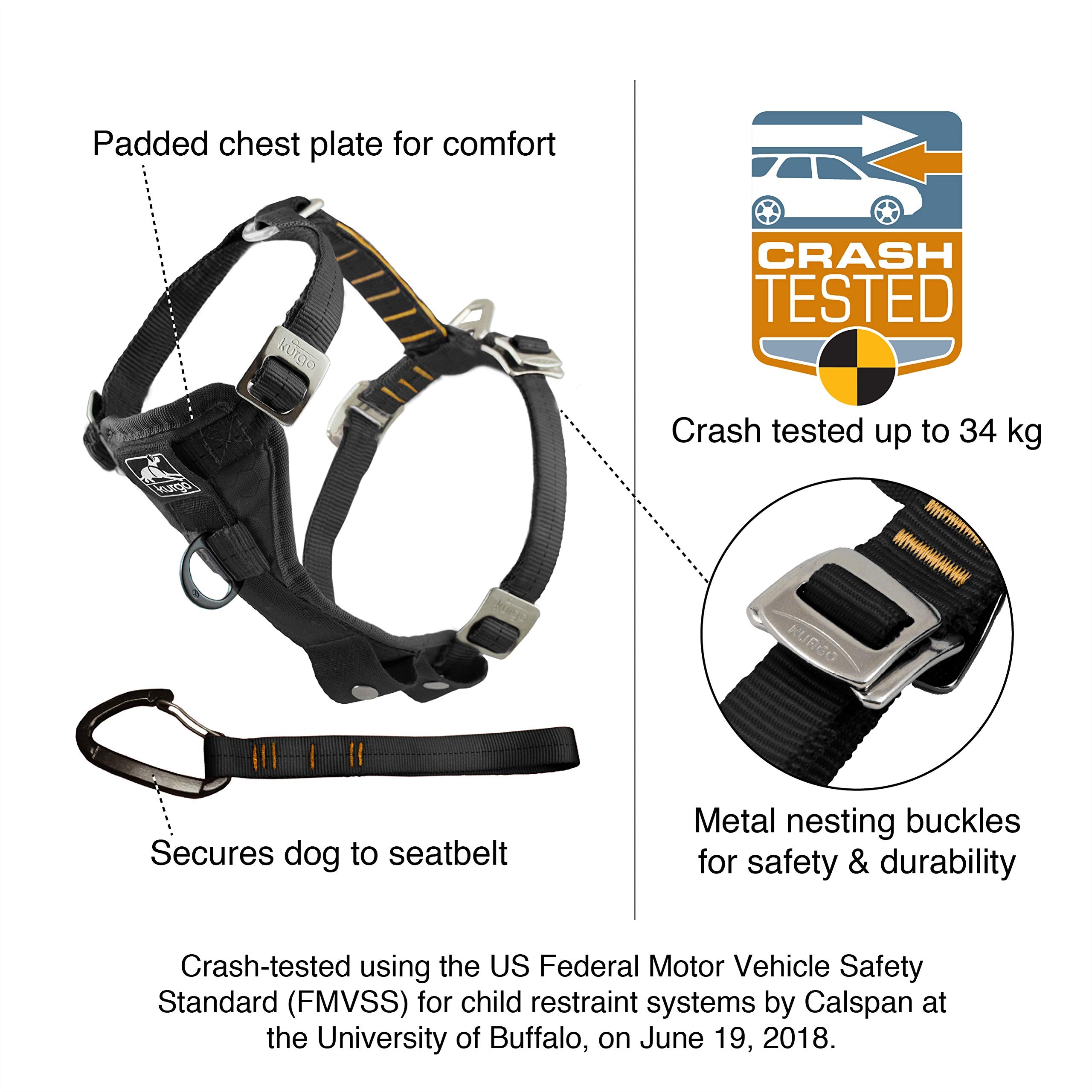Kurgo Tru-Fit Enhanced Strength Dog Harness - Certified Crash Tested Car Safety Harness For Dogs - Metal Buckles, Padded Chest - Includes Pet Seatbelt - No Pull Training - Black, Extra Small