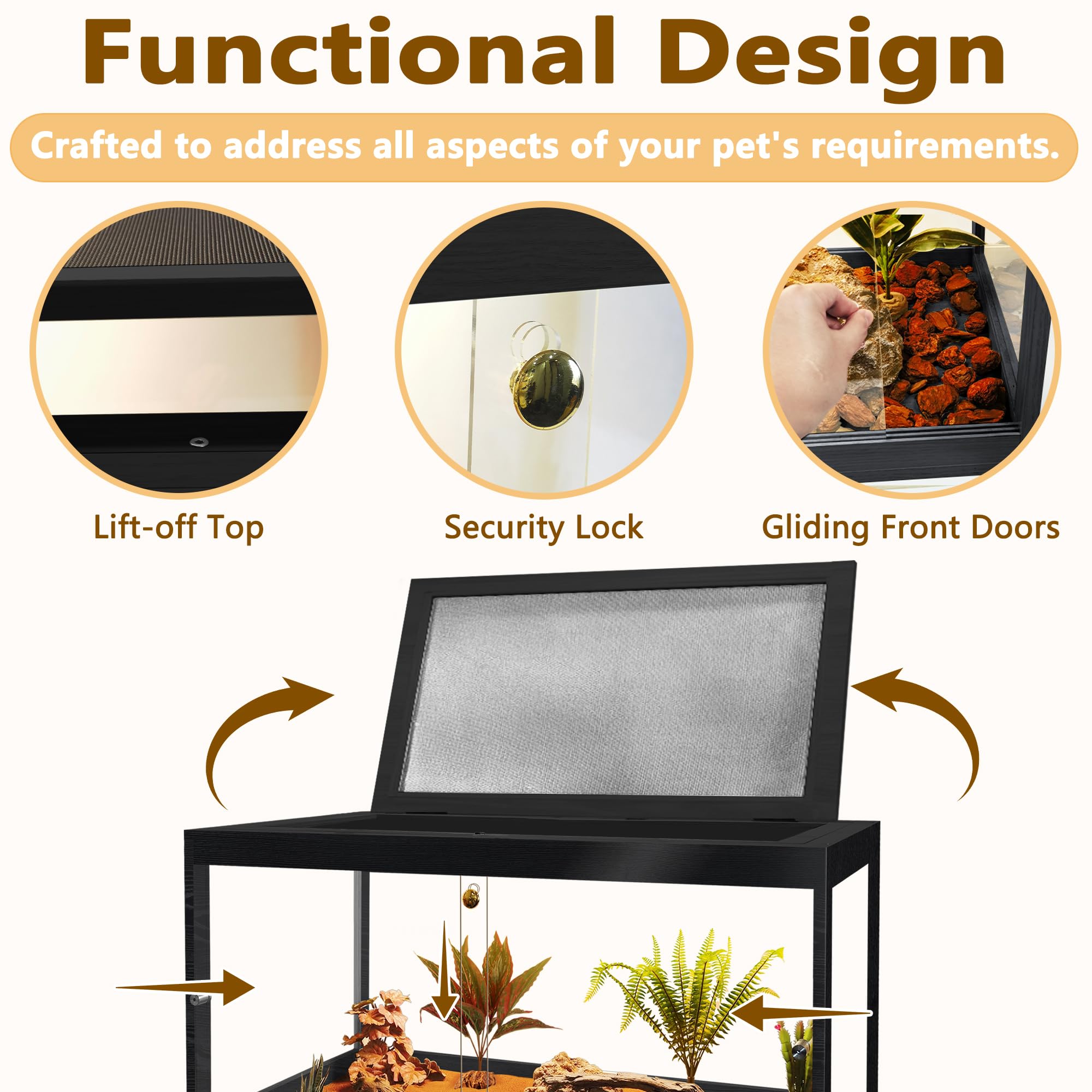 Prolee Reptile Tank 60 Gallon, Lizard Tank, Bearded Dragon Tank With Metal Mesh Roof Door, Snake Tank With Lock Design, Black, 4