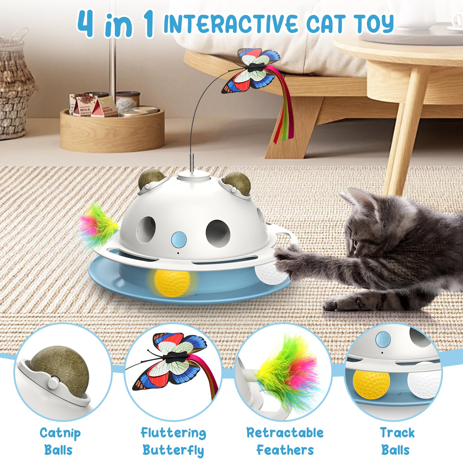 Spoven 4 In1 Cat Toys, Smart Automatic Interactive Kitten Toy With Shooting Feather, Butterfly, Catnip Balls, Usb Powered Cat To