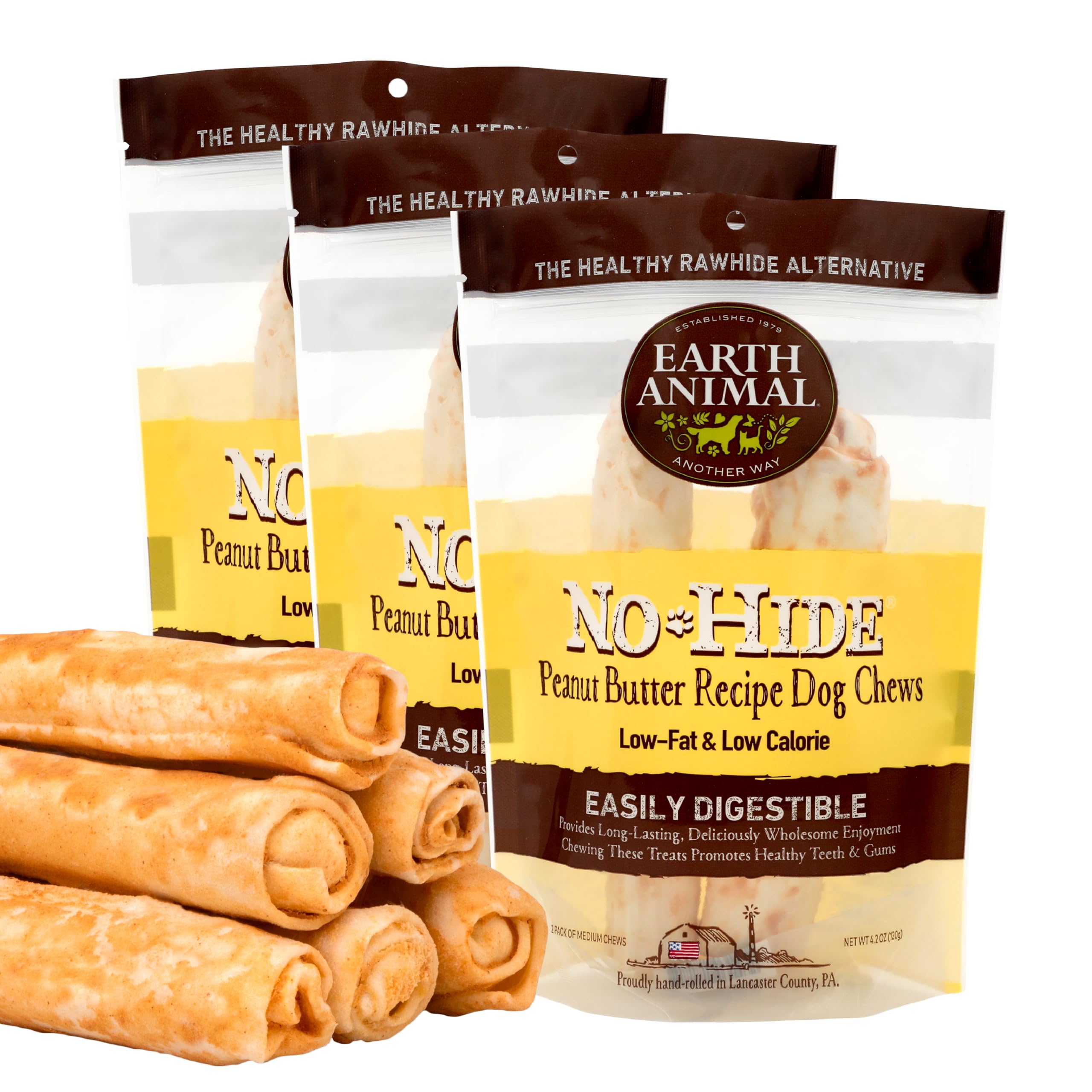 Earth Animal No Hide Medium Peanut Butter Flavored Natural Rawhide Free Dog Chews Long Lasting Chew Sticks | Treats for Large Do