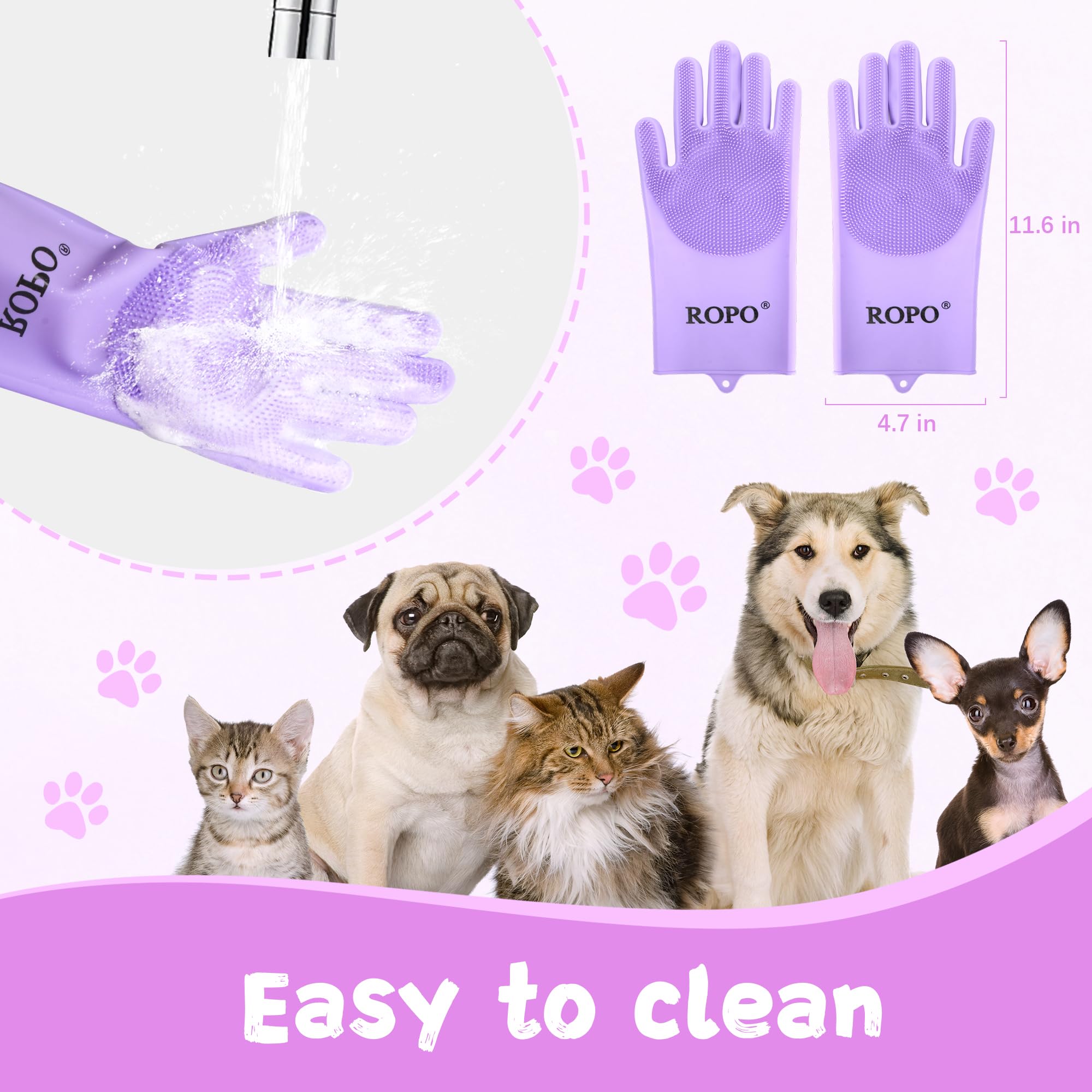 Ropo Silicone Gloves For Pet Grooming, Multi-Functional Gloves For Pet Hair Shedding, Bathing, And Massage (Purple)