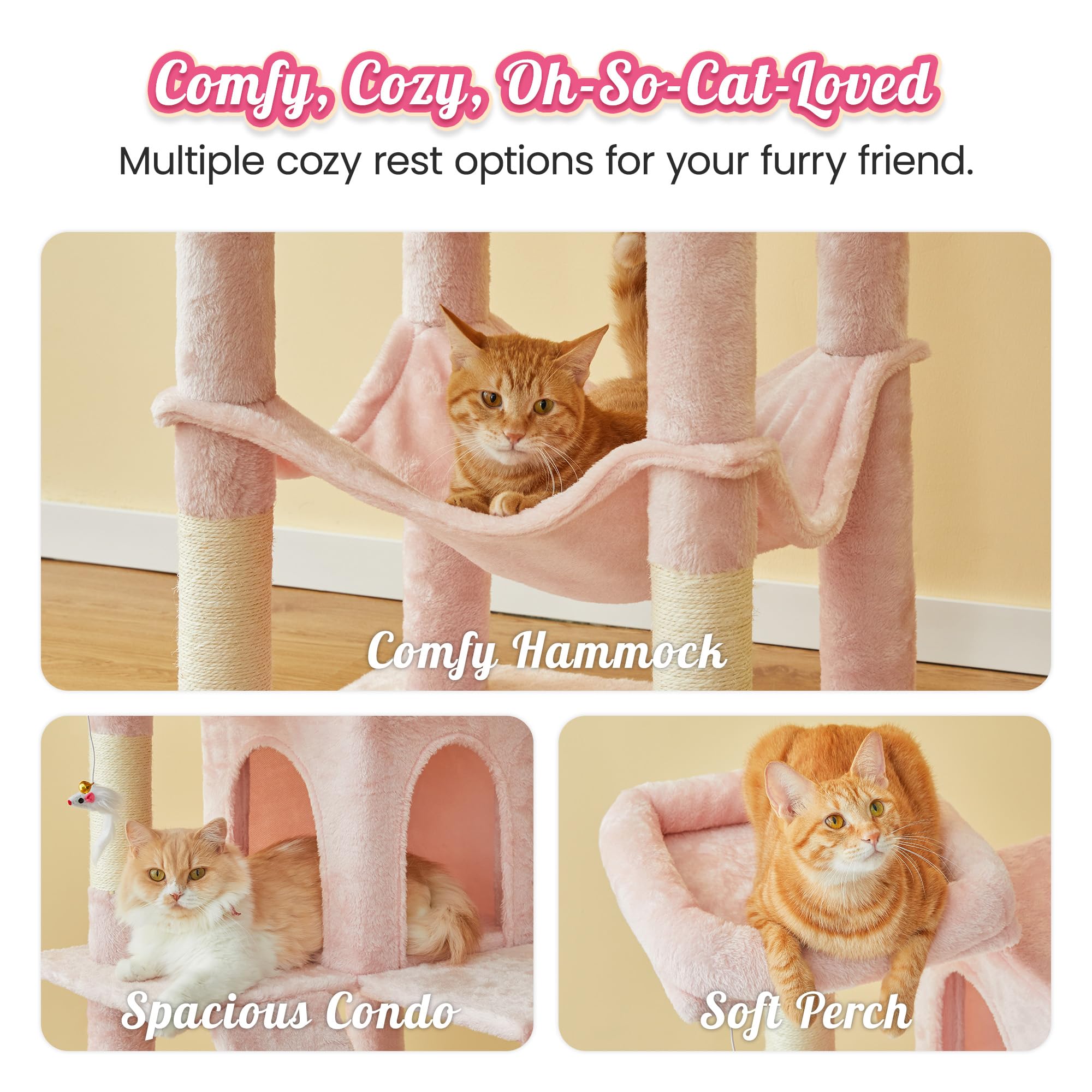 Mwpo 70.1-Inch Pink Large Cat Tree, Multi-Level Tall Cat Tower For Indoor Cats, Plush Cat Condo With Big Padded Perches, Sisal-Covered Scratching Posts, Hammock, Toys For Kittens & Cats