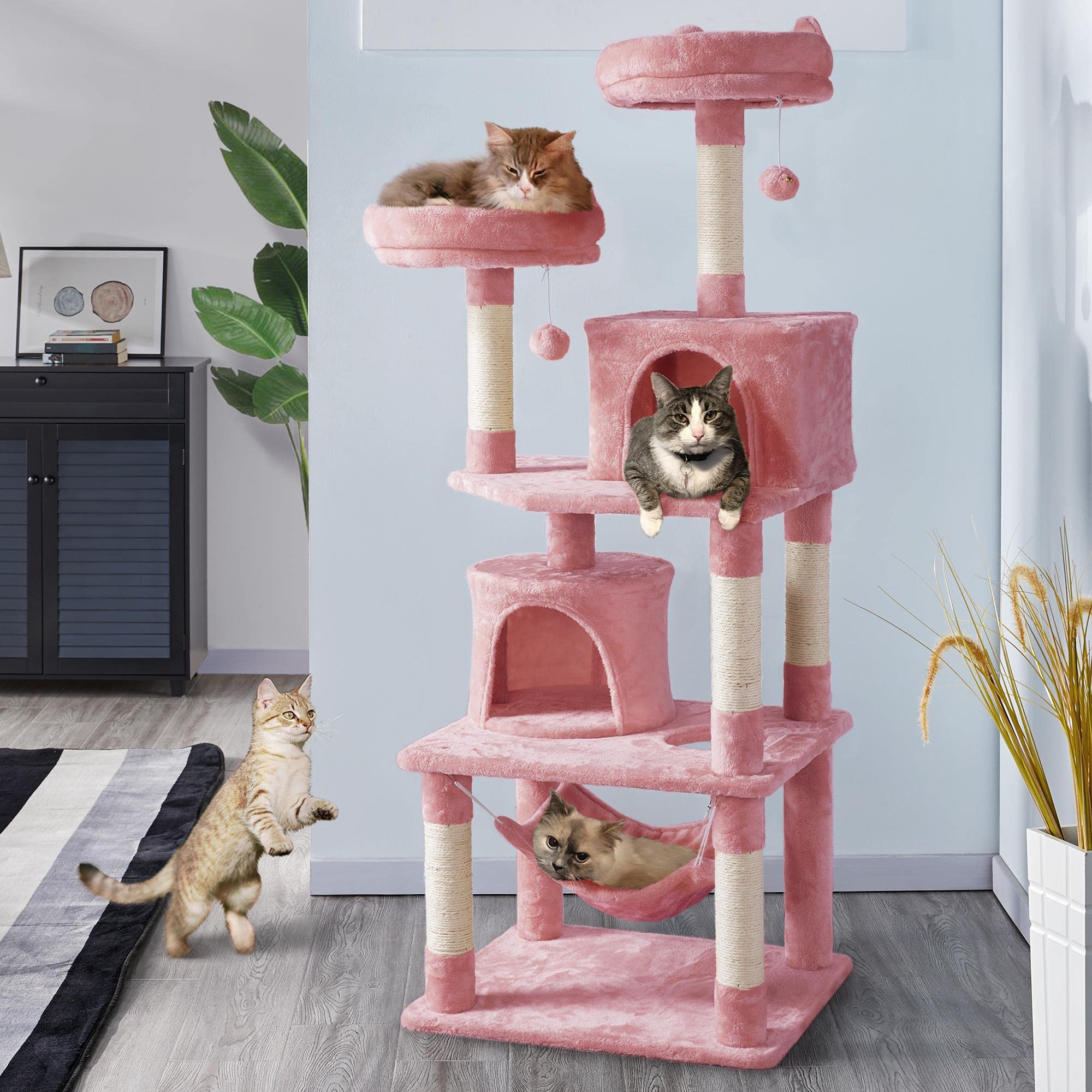 Topeakmart 62.2 Inches Cat Tree, Cat Tower W/Double Condos, Scratching Posts & Hammock, Cat Activity Tree Kitten Play House, Pin