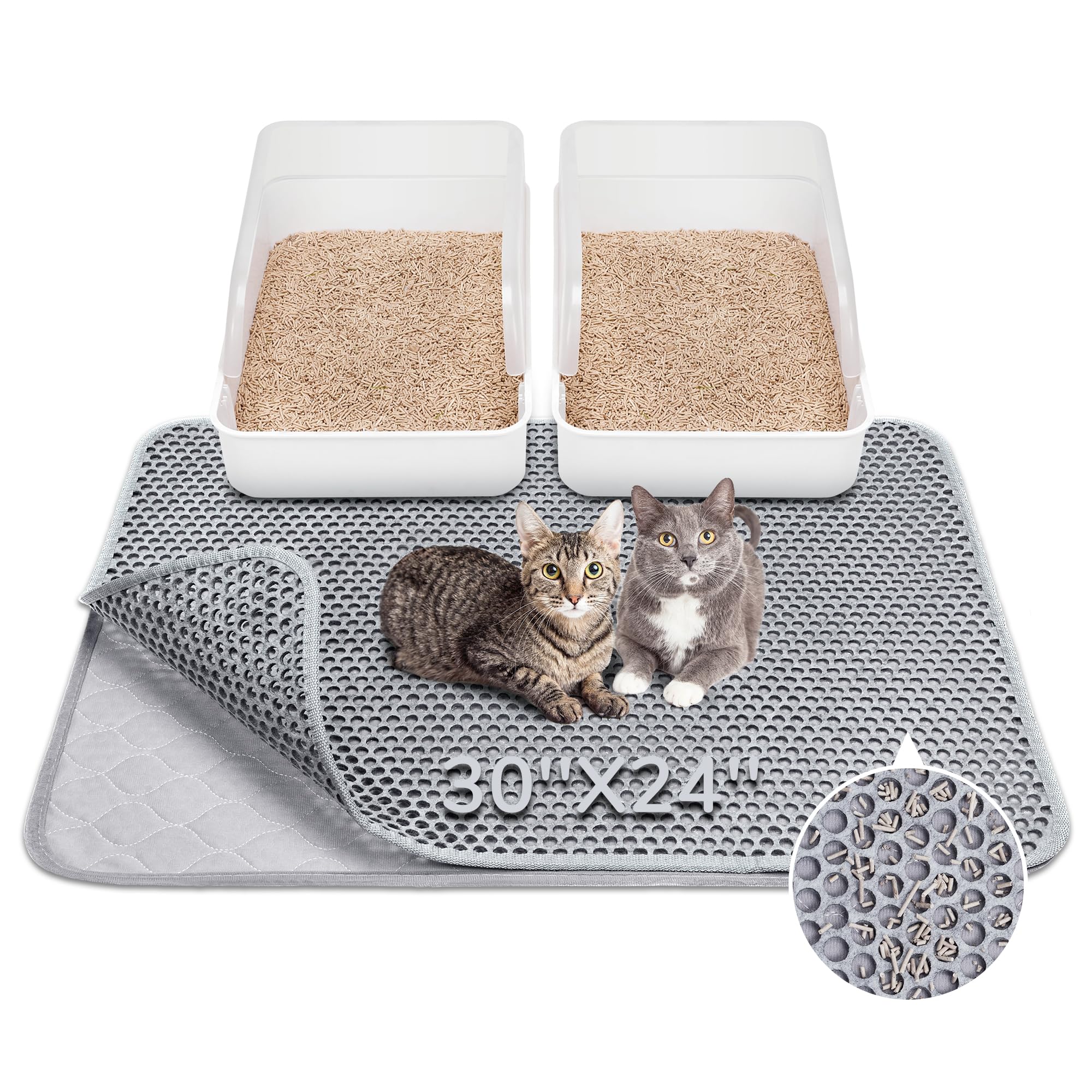 Burgeonnest Cat Litter Mat 30'' X 24'', Upgraded Felt & Fabric Material Cat Trapping Mat For Fewer Creases, Holds 1-2 Litter Box