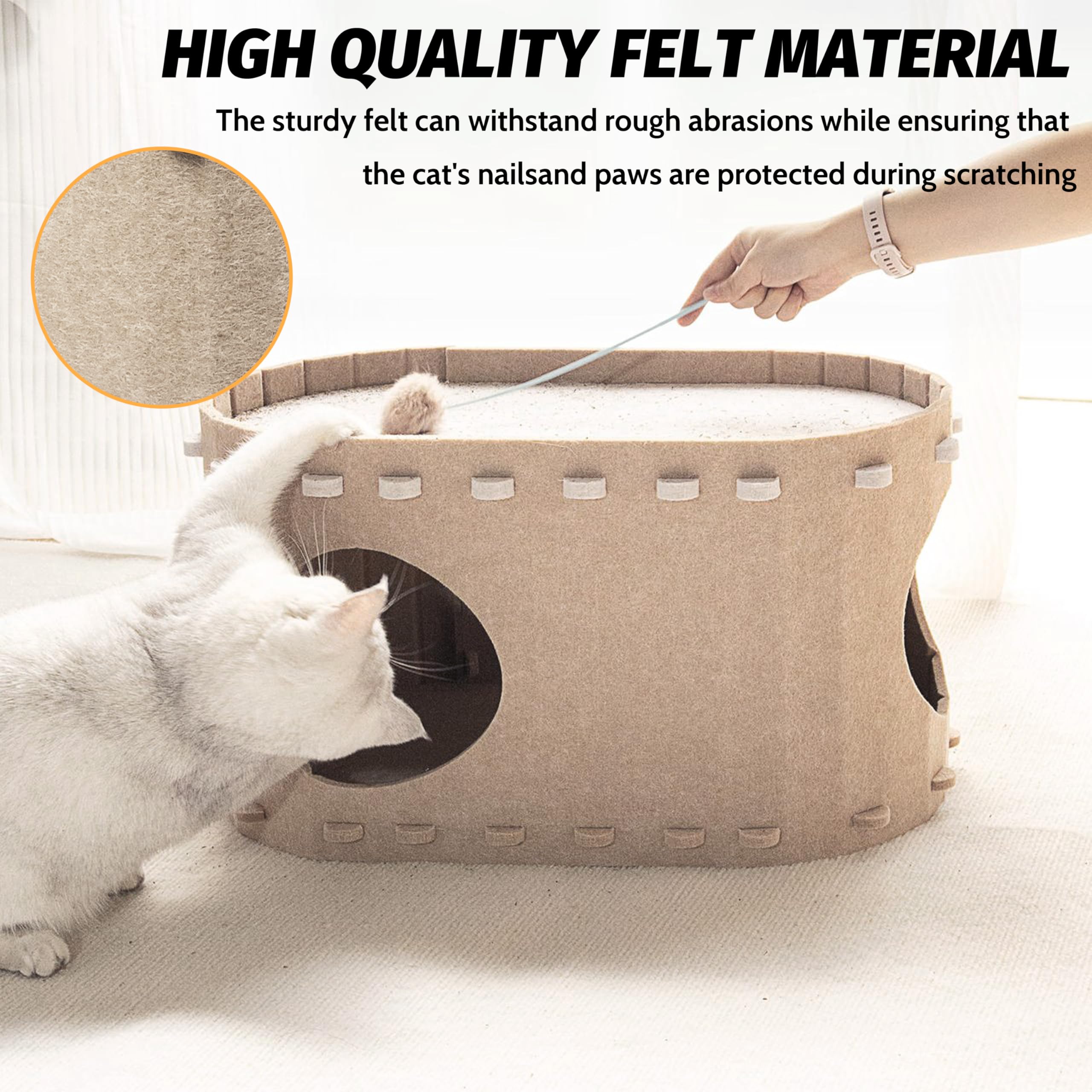 Cat House For Indoor Cats, Foldable Kitten Hideaway, Natural Wool Felt Covered Cat Tunnel Bed, Peekapurr Cat Cave