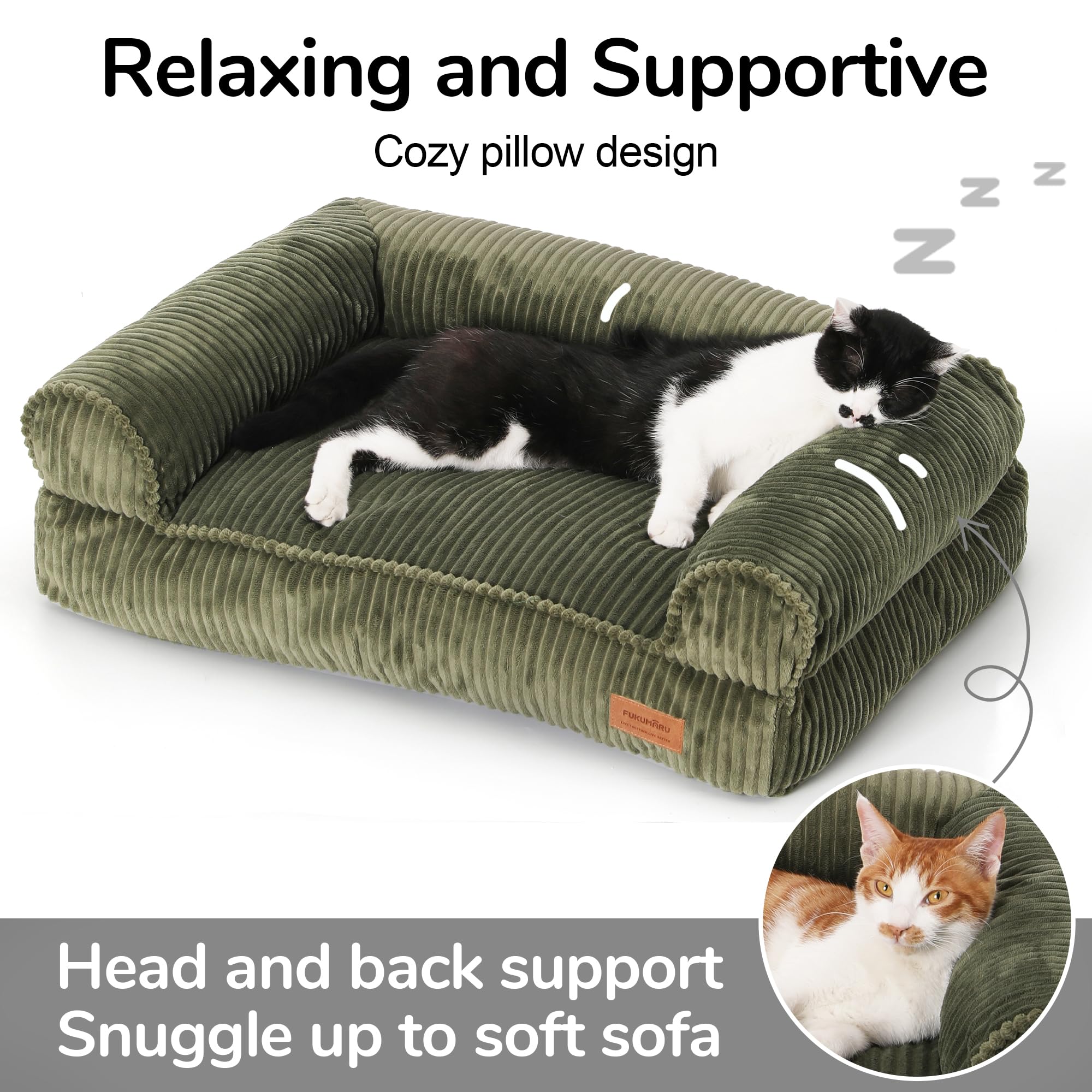 Fukumaru Cat Couch Bed, Corduroy Cozy Cat Bed For Indoor Cats With Removable Washable Cover, Supportive Anti-Slip Dog Beds Sofa