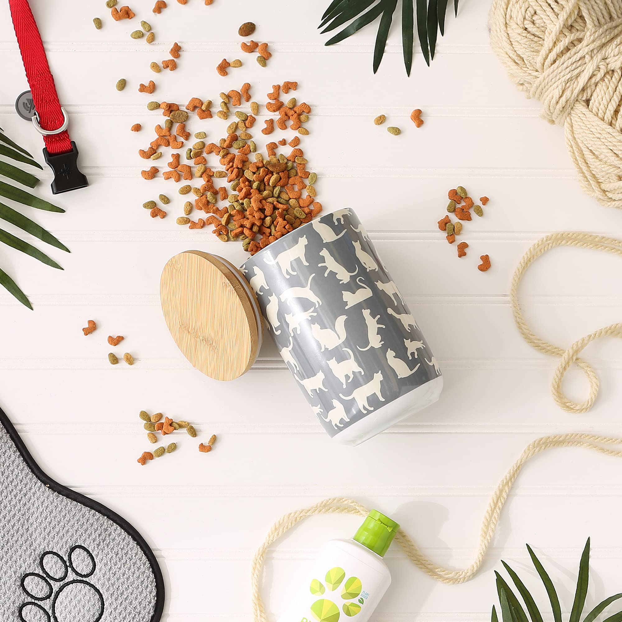 Bone Dry Ceramic Treat Jar for Cats and Dogs, Bamboo Lid, Dishwasher Safe Canister, 4x6.5, Gray, Cat Treats