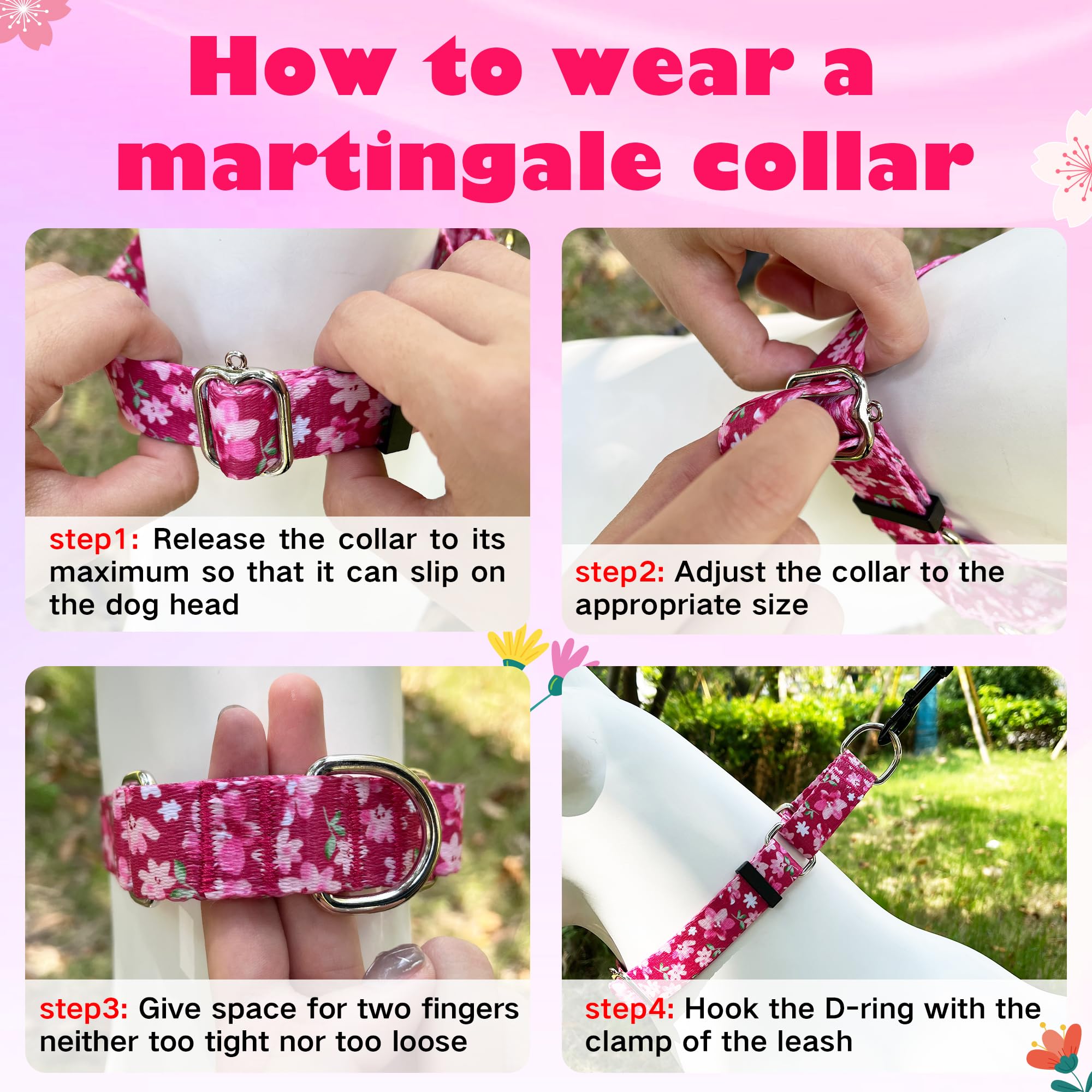 Hikiko Martingale Collar For Female Dogs - Floral Design, No Buckle, Nylon, No Pull, Medium, Japanese Pink