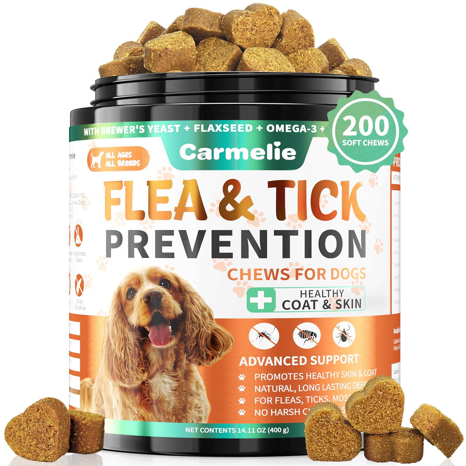 Carmelie Flea and Tick Prevention for Dogs - 200 Chews Natural Dog Flea and Tick Support, Oral Flea Supplement for All Dogs, Sup