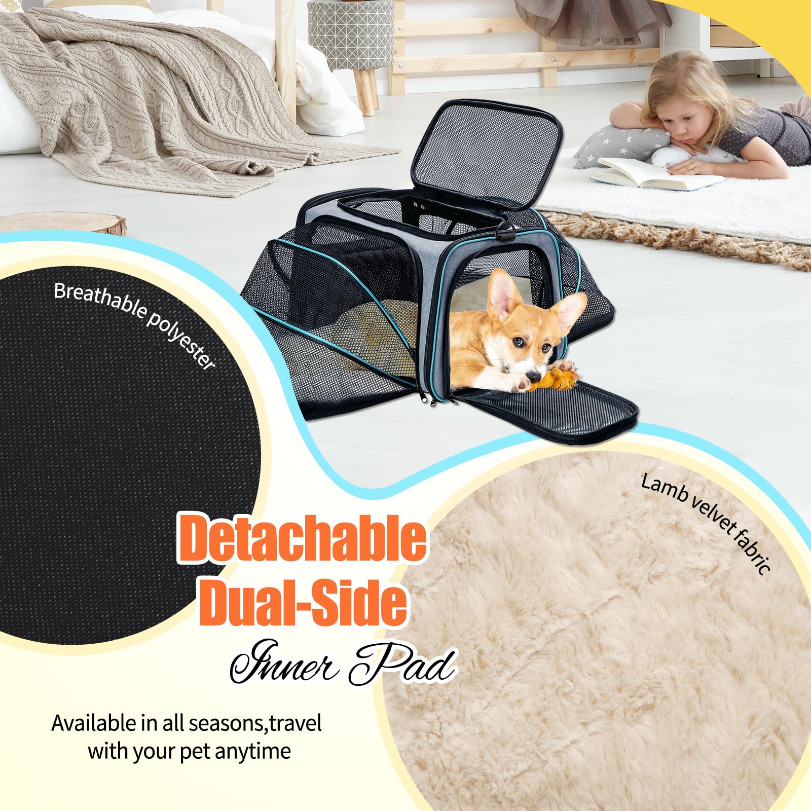 Pet Carrier Airline Approved, Expandable Foldable Soft-Sided Dog Carrier, 3 Open Doors, 2 Reflective Tapes, Pet Travel Bag Safe