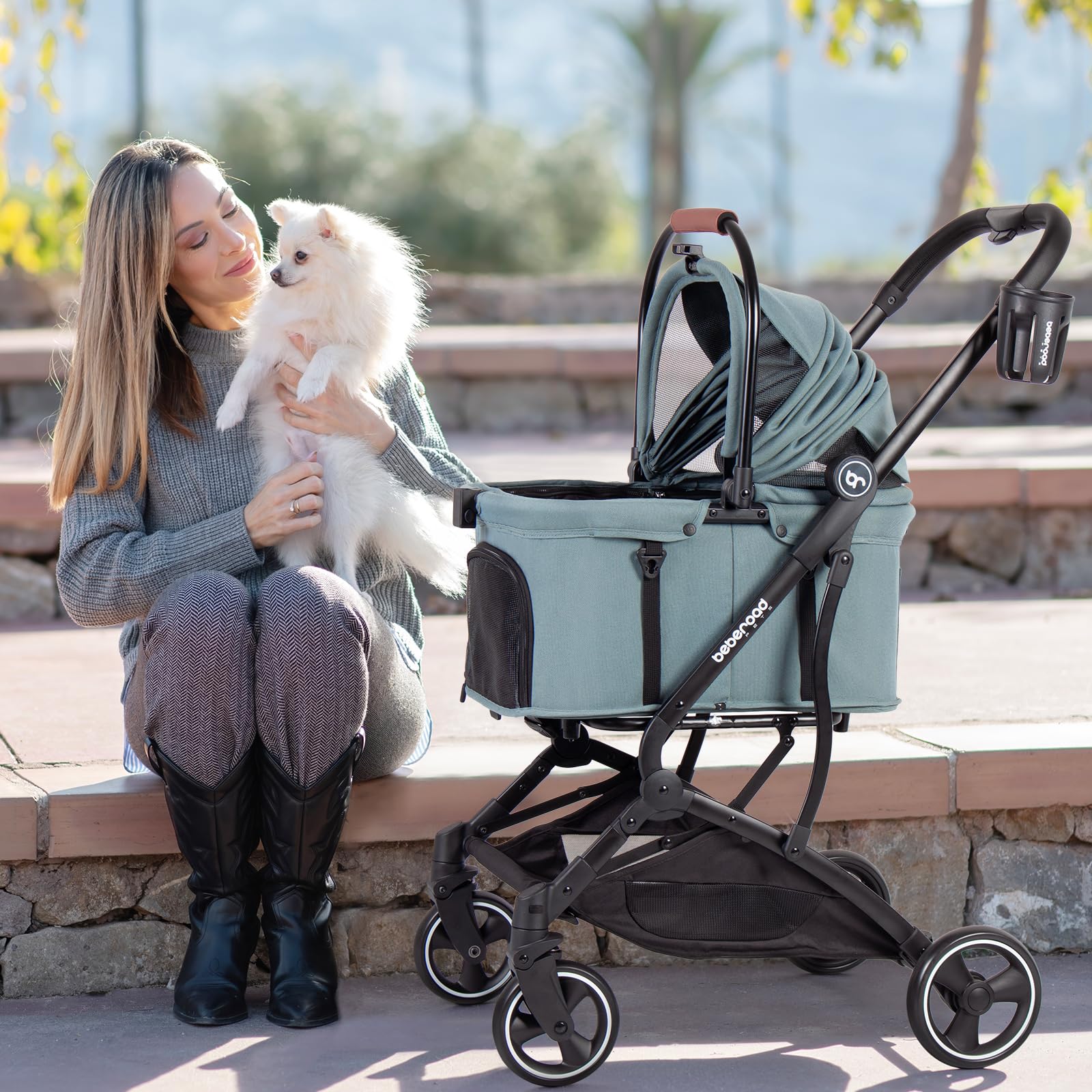 Beberoad Pets T3 3 In 1 Small Pet Stroller For Dog & Cats, 4 Wheels With Detachable Carrier With Pad, Canopy And Cup Holder, Gre