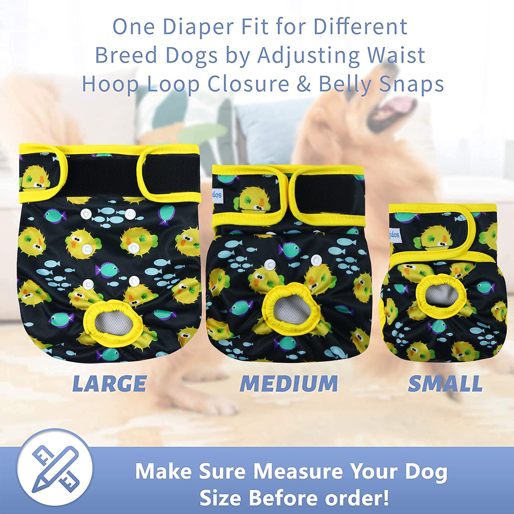 Leekalos Reusable Washable Dog Diapers Female (3 Pack) - Highly Absorbent Doggie Diapers - Size Adjustable Puppy Diapers For Dog Period Panties (Medium, Globefish)