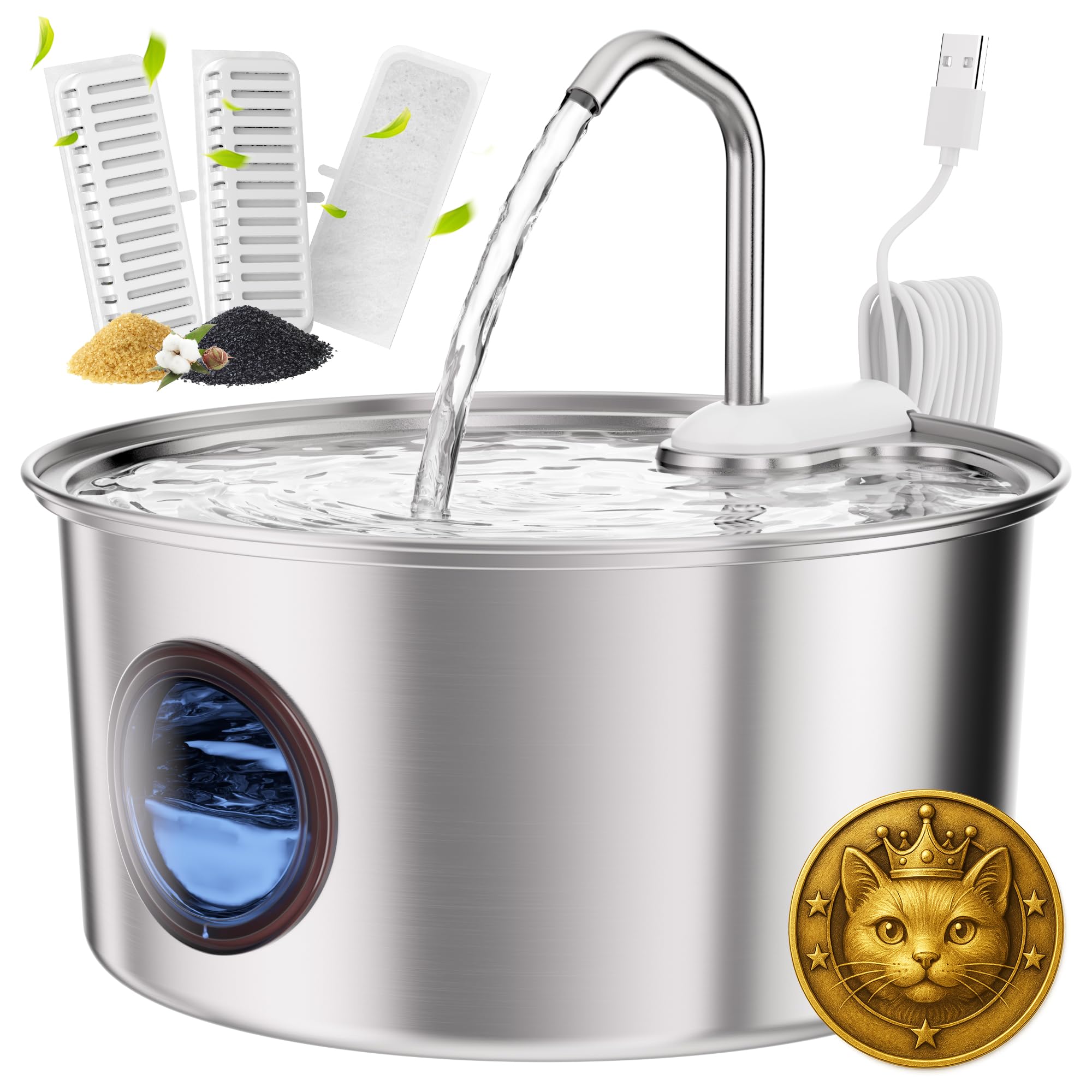 Cat Water Fountain Stainless Steel - 108oz/3.2L Automatic Cat Water Fountain for Drinking with 3PCS Filters, Metal Pet Water Fou