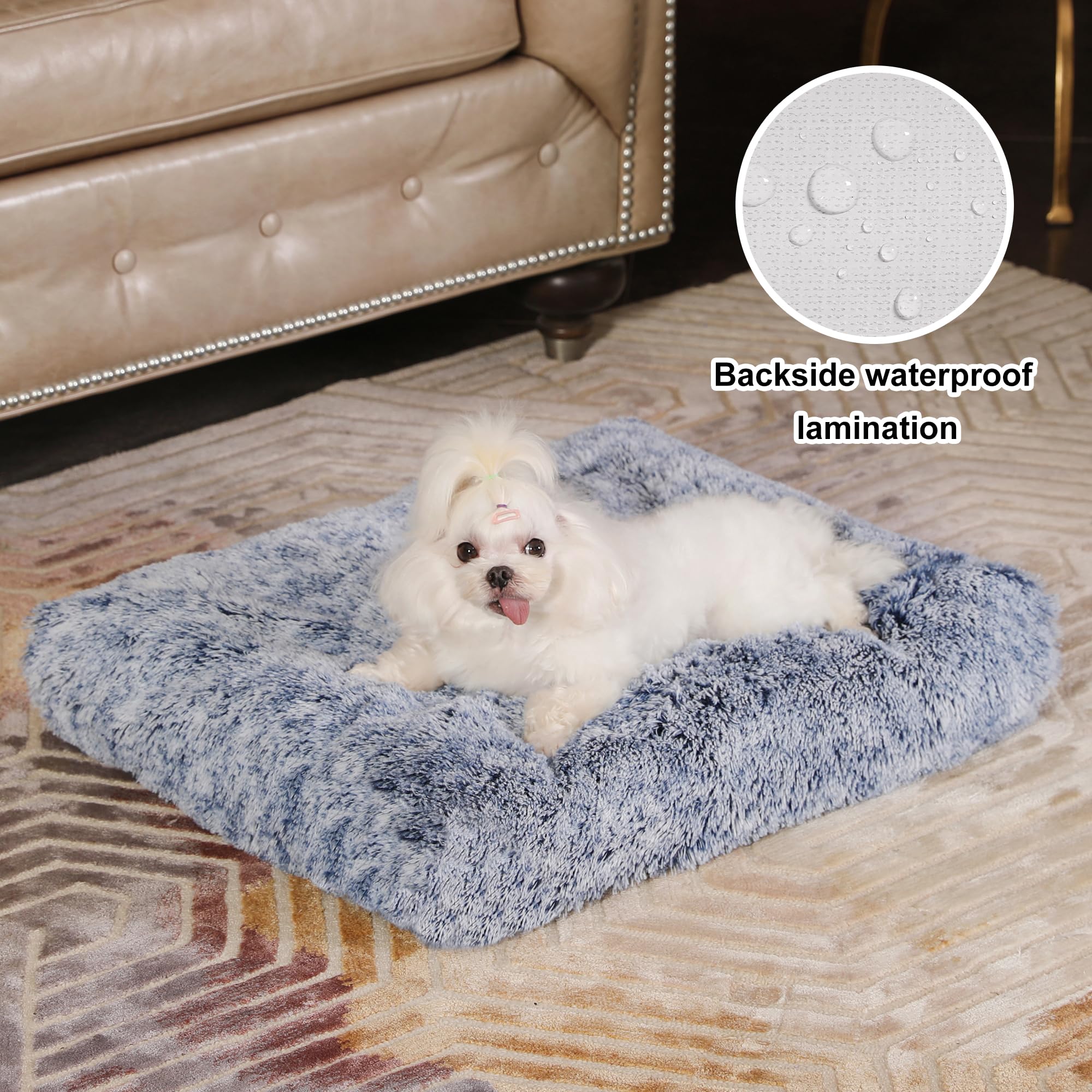 Bedfolks Plush Dog Crate Bed, Washable Cover, Faux Fur Pad, 21''X13'', Dark Blue