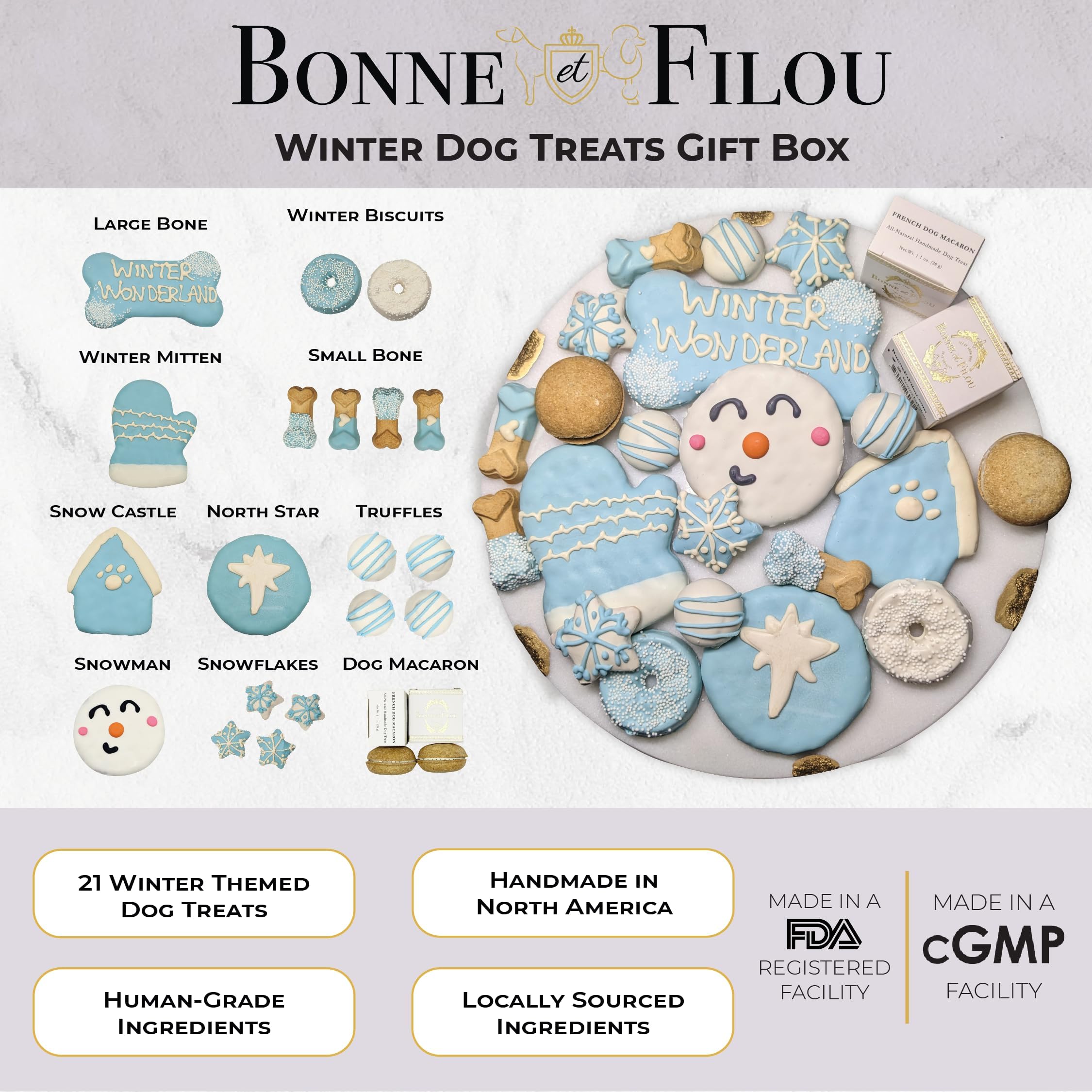 Bonne et Filou Winter Dog Treats, Gourmet Gift Box, 21 Luxury Macarons, Truffles & Bone Cookies, Healthy & Delicious Treats for