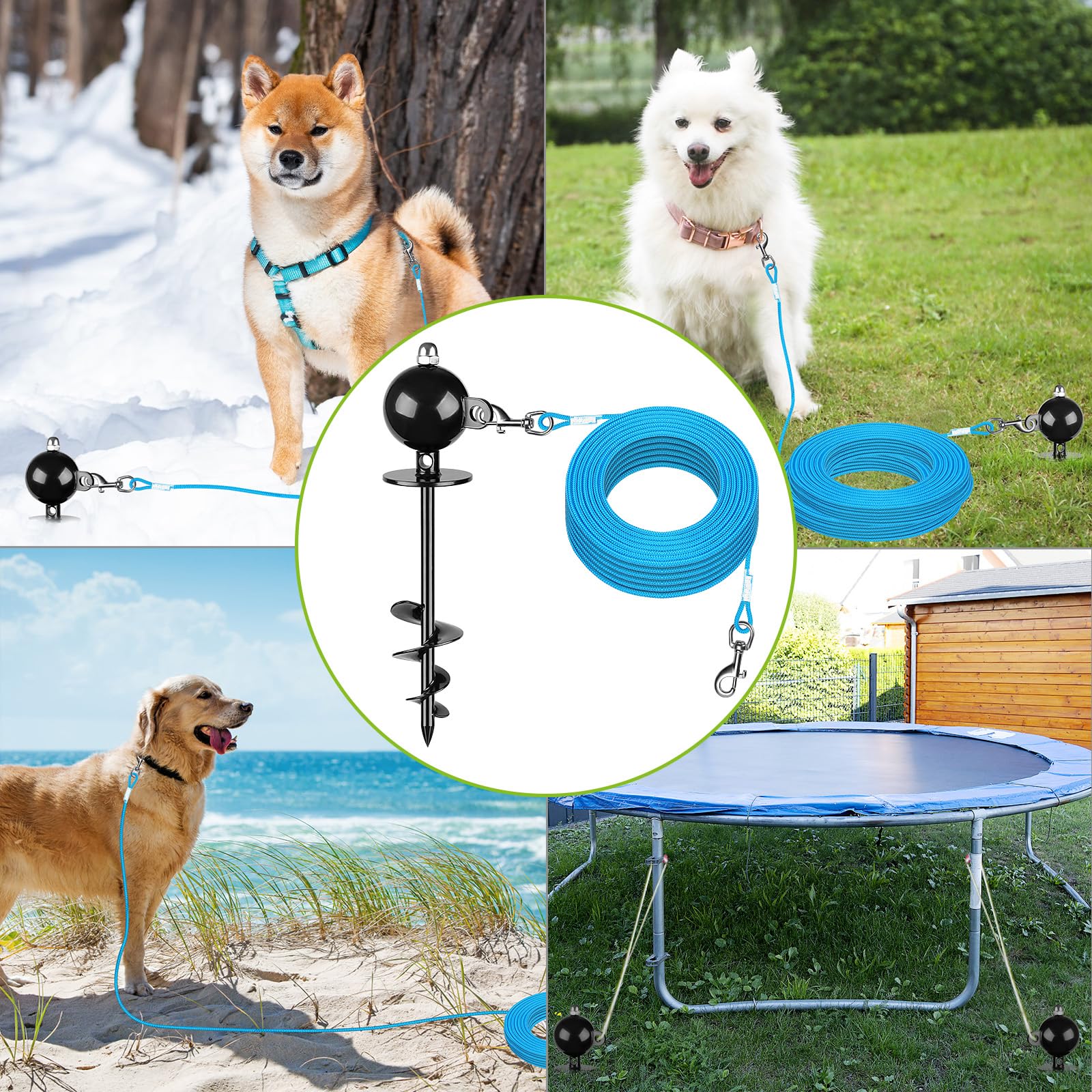 Seleware Dog Tie Out Stake Outdoor Anti-Rust Dog Anchor For Large Dogs Up To 220 Lbs Tie Out Rope Dog Leash 30 Ft Long