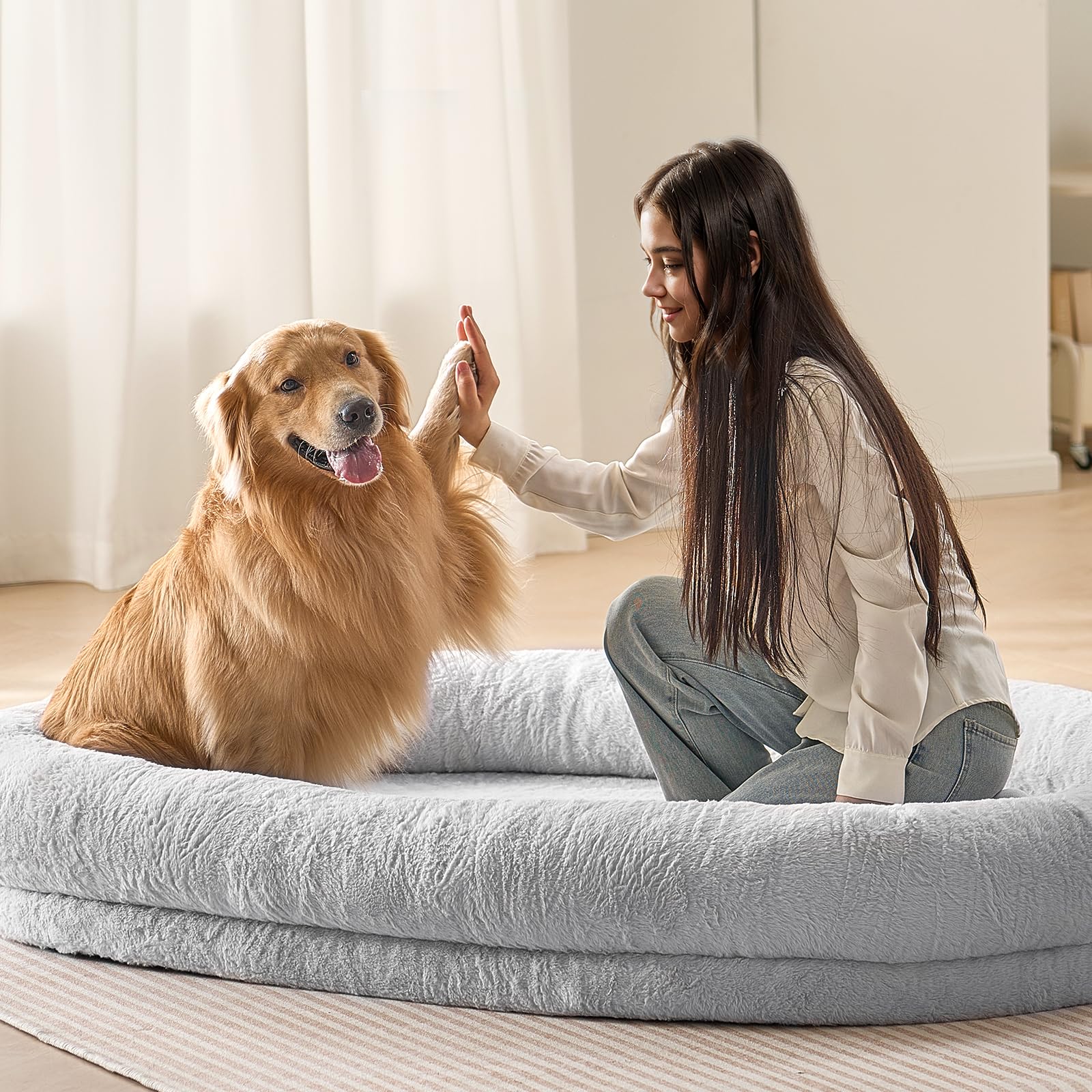 Vevor Human Dog Bed, 72'X48'X10' Human Dog Bed For Adult, Human Size Dog Bed With Washable Faux Rabbit Fur Cover, Egg Orthopedic Foam, Storage Pocket, Large Dog Bean Bed, Light Grey