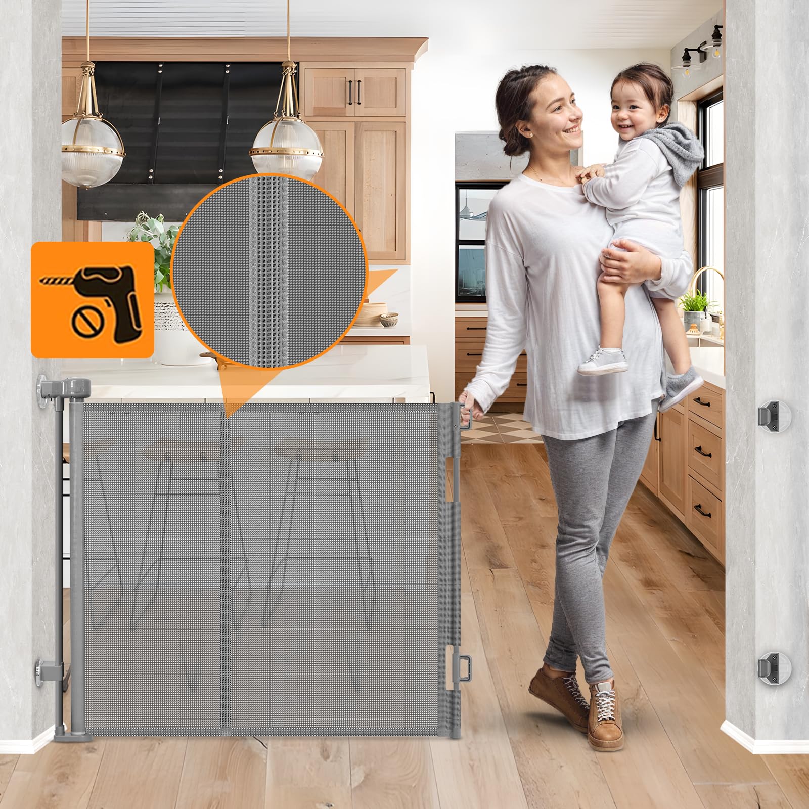 Reinforced No Drill Retractable Baby Gates for Dogs No Drilling Mesh Dog Gate with Support Rod to Prevent Crawling Underneath, 5