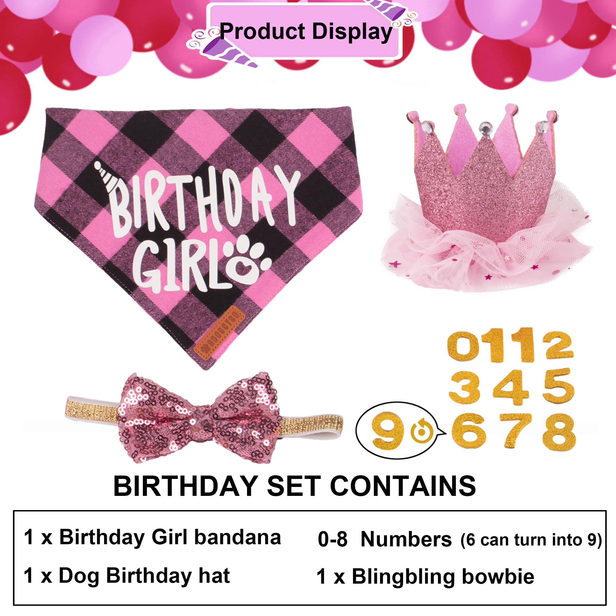 Adoggygo Dog Birthday Party Supplies, Multi Size Offered, Birthday Girl Dog Bandana, Pink Party Hat Crown With Numbers For Extra
