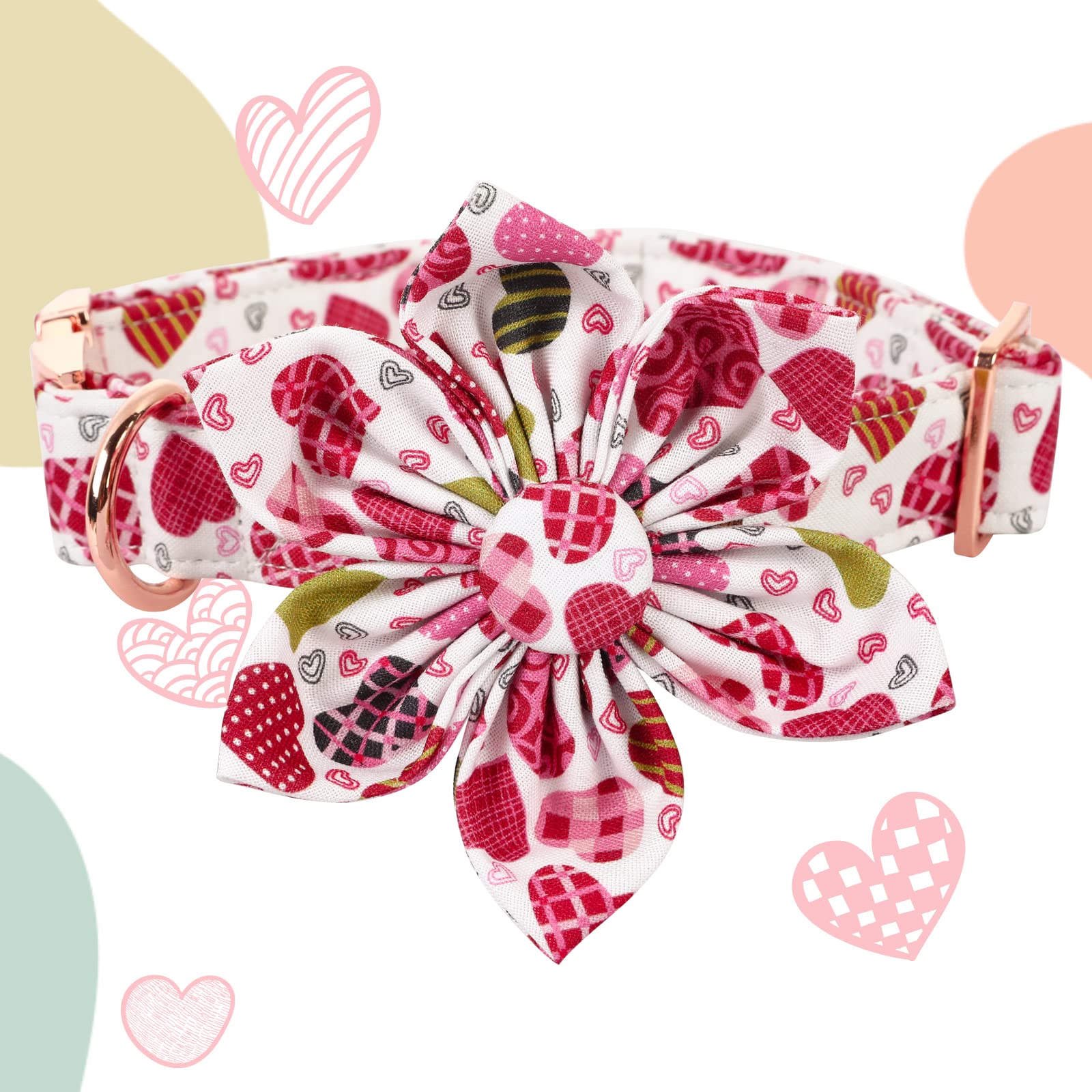 Lionheart Glory Hearts Dog Collar, Valentine'S Day Pet Collars With Flower, Cute Floral Pattern Pet Adjustable Collar For Large