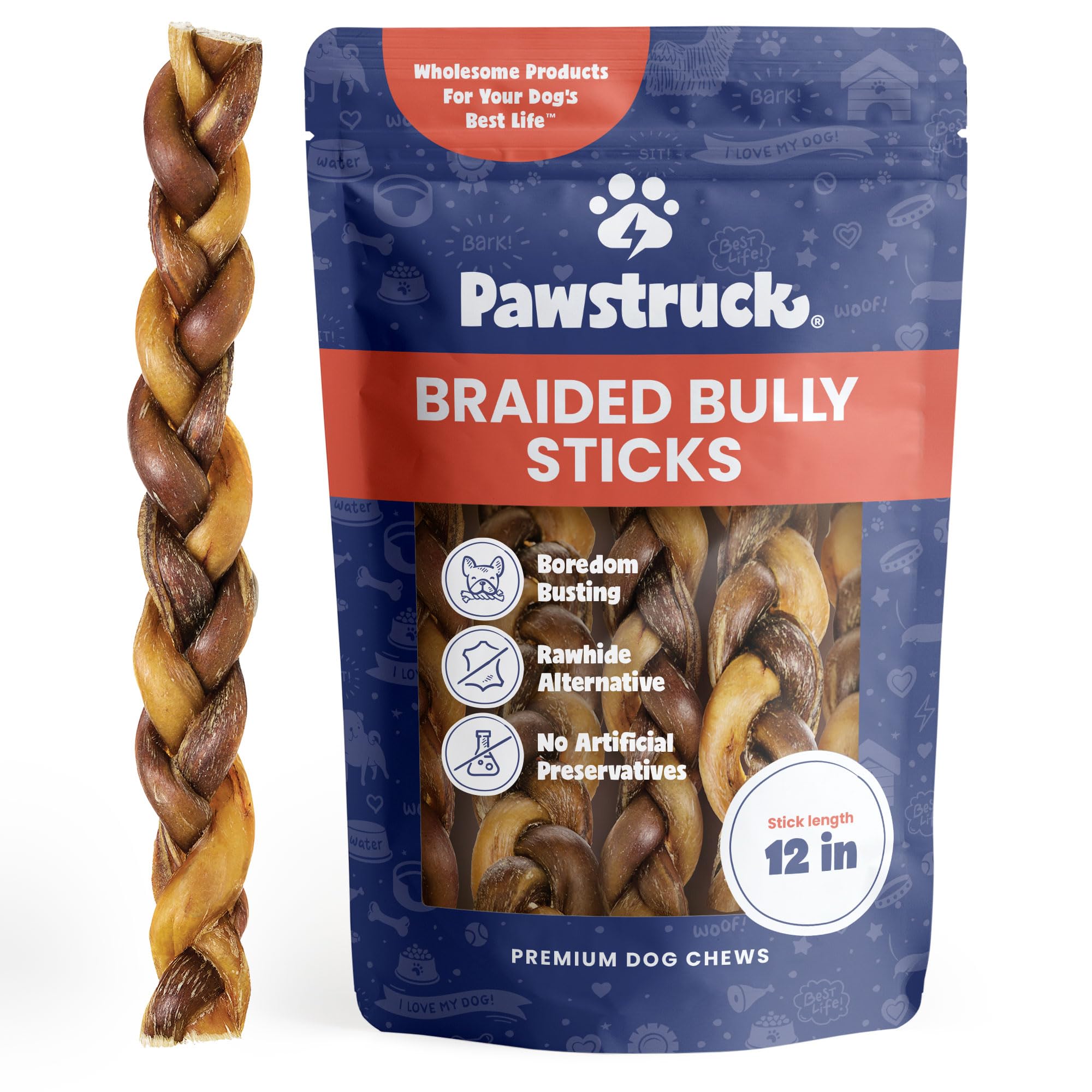 Pawstruck 100% Natural 12 in Braided Bully Sticks for Dogs - 1 lb Bag Long Lasting Rawhide Free Single Ingredient Beef Pizzle Ch