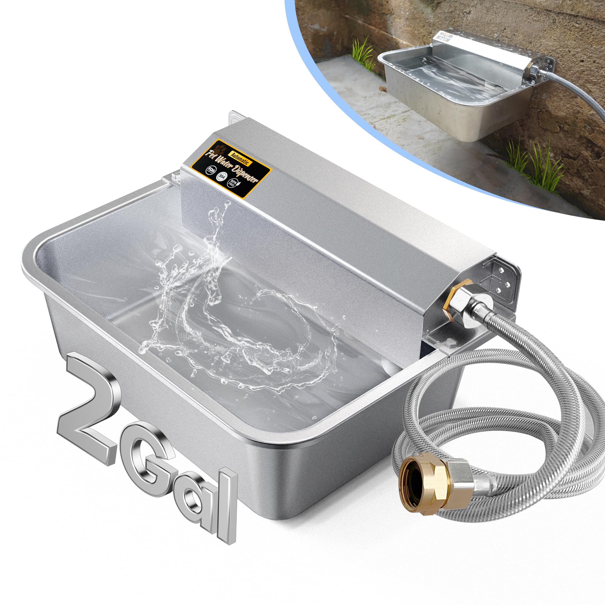 Petimi Automatic Dog Water Dispenser, 2 Gallons 304 Stainless Steel Dog Water Bowl For Indoor/Outdoor, Large Water Bowl For Pets