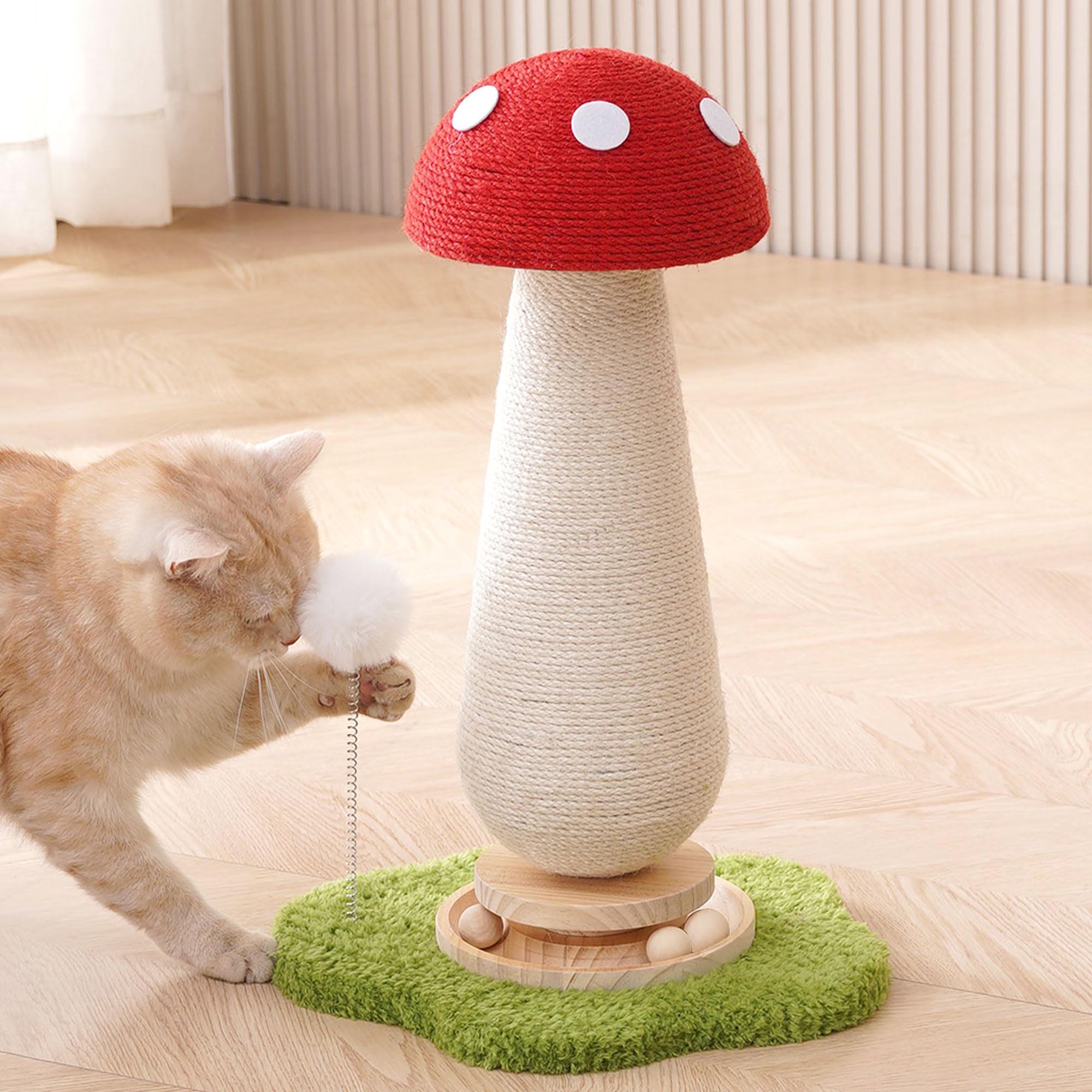21.5 H Cat Scratching Post With Catnip,Cute Mushroom Cat Scratcher Post With Durable Natural Wooden Turntable Toy,Mushroom Shape
