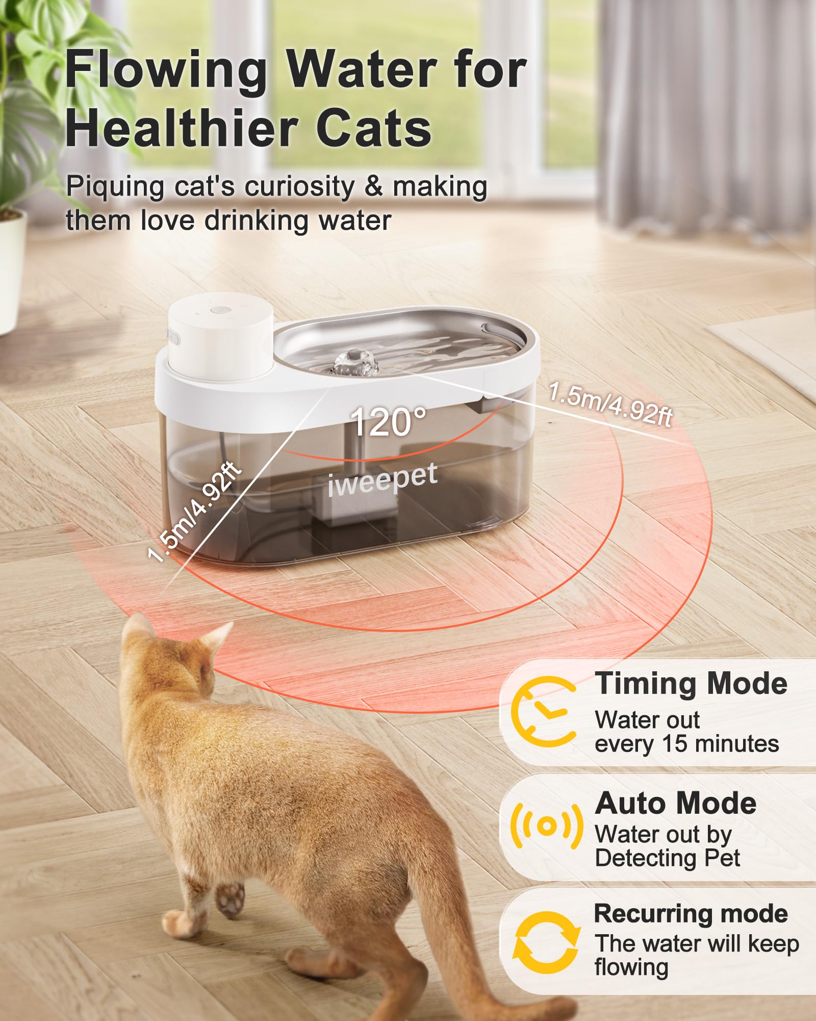 Iweepet Upgrade Wireless & Ultra-Quiet Cat Water Fountain Stainless Steel, 5000Amh Battery Operated Pet Fountain With 3 Flow Mod