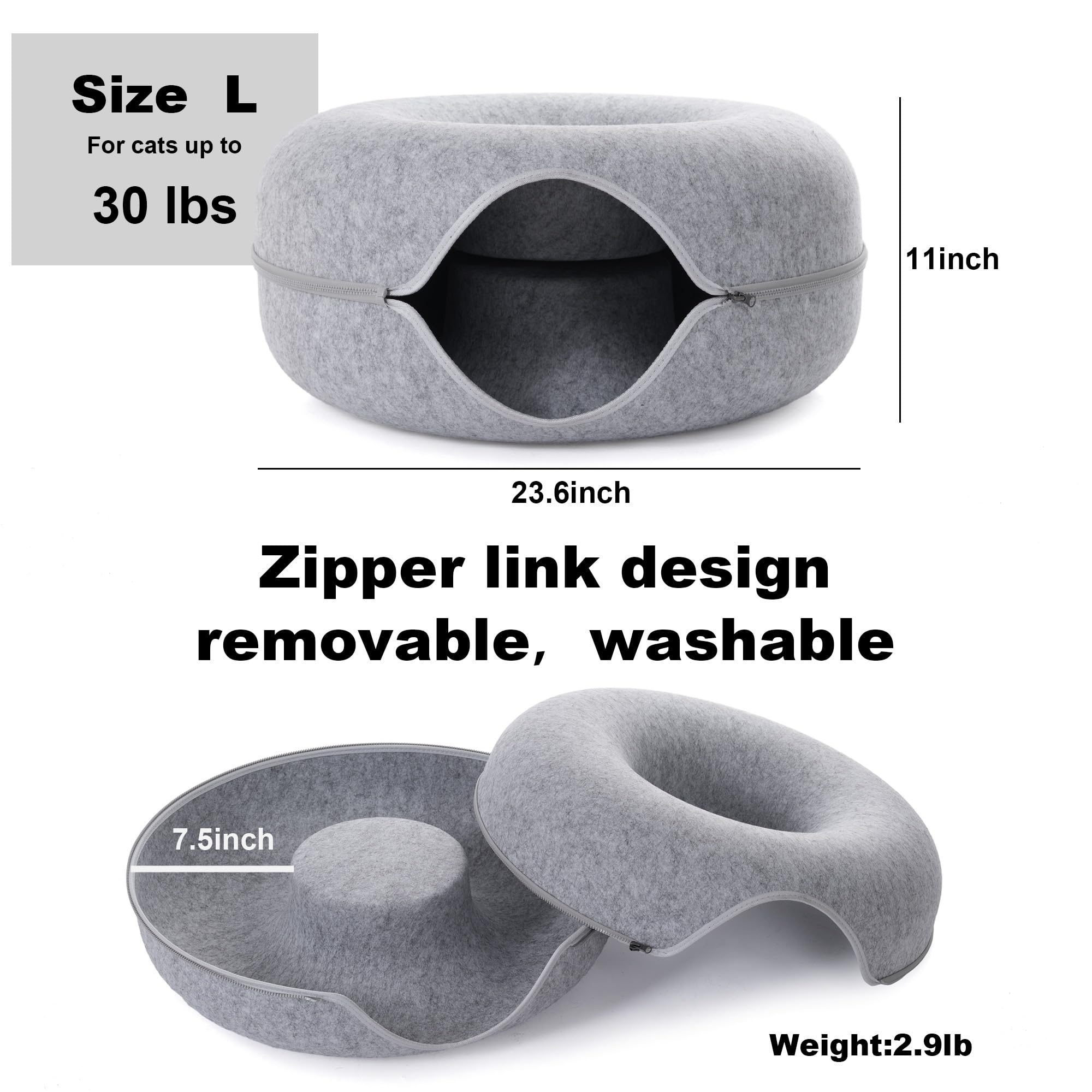 Large Cat Tunnel Bed For Indoor Cats With 3 Toys, Scratch Resistant Donut Cat Bed, Up To 30 Lbs (L 24X24X11, Light Grey)