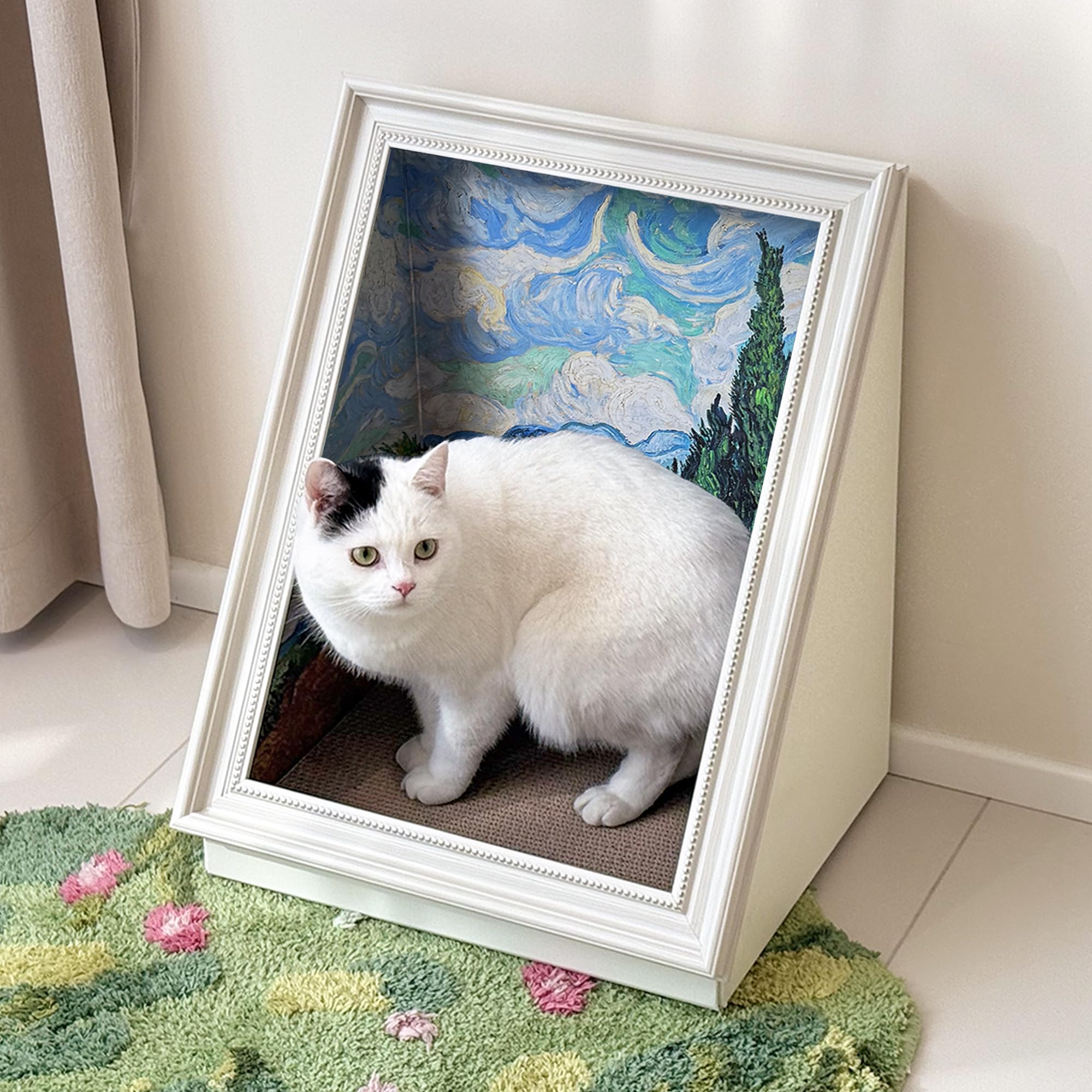 Petkaray Frame Cat House With Scratching Board, Oil Painting Cat Scratcher Indoor Artwork Cave, Large Beds For Kitten With Repla