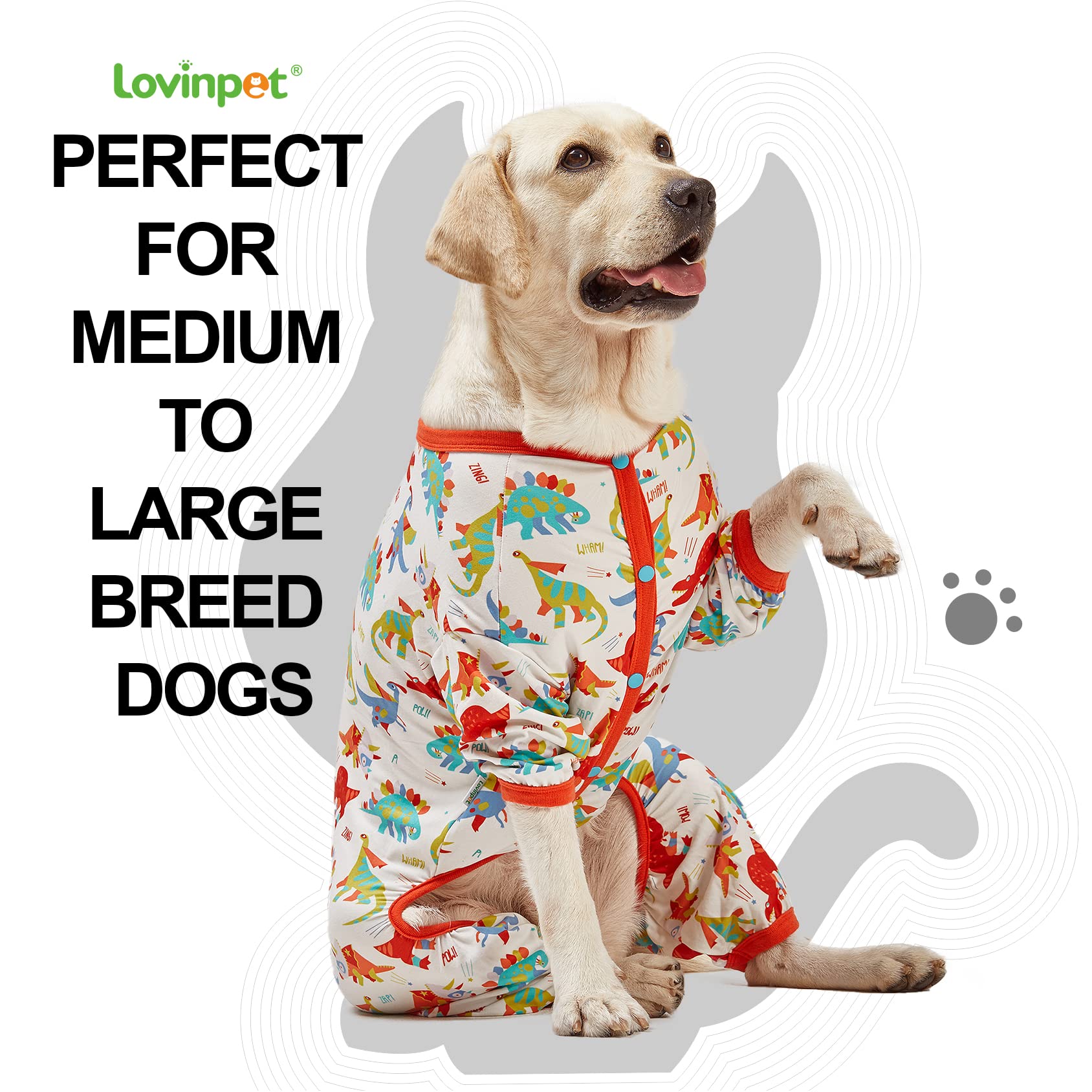 Lovinpet Large Dog Pajamas, Undershirt For Dog Coats, Anti Licking, Pet Anxiety Calming Onesies For Dogs, White Dinos Print, Lar