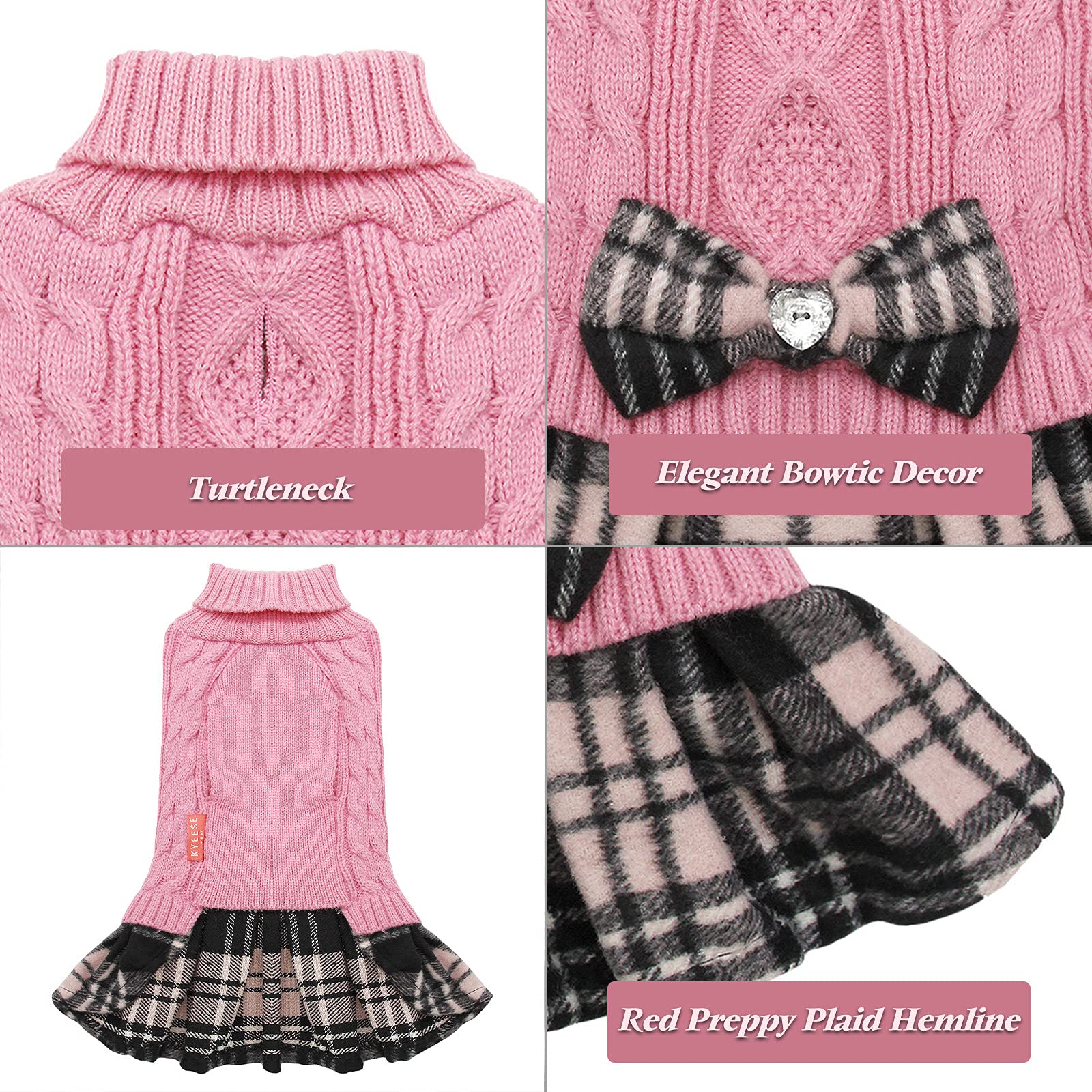Kyeese Dog Sweater Dress With Leash Hole For Small Medium Dogs With Bowtie Checkered Turtleneck Dog Sweaters Warm Pet Sweater Pink