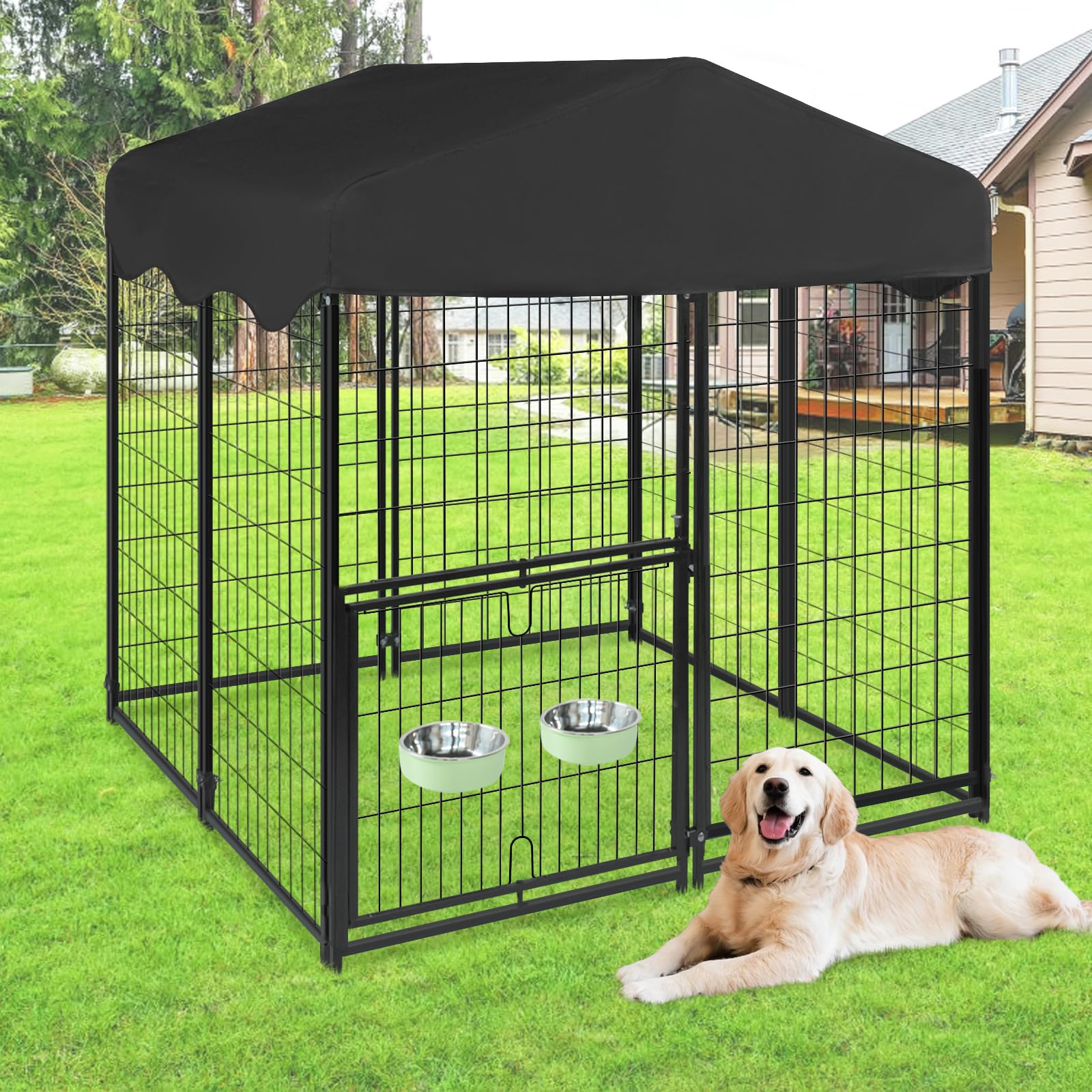 1R2P3I Dog Kennel Outdoor With Waterproof Roof, 4'L X 4'W X 4.5'H Large Outdoor Kennel With Rotating Feeding Door, Bowls, Dog Ca