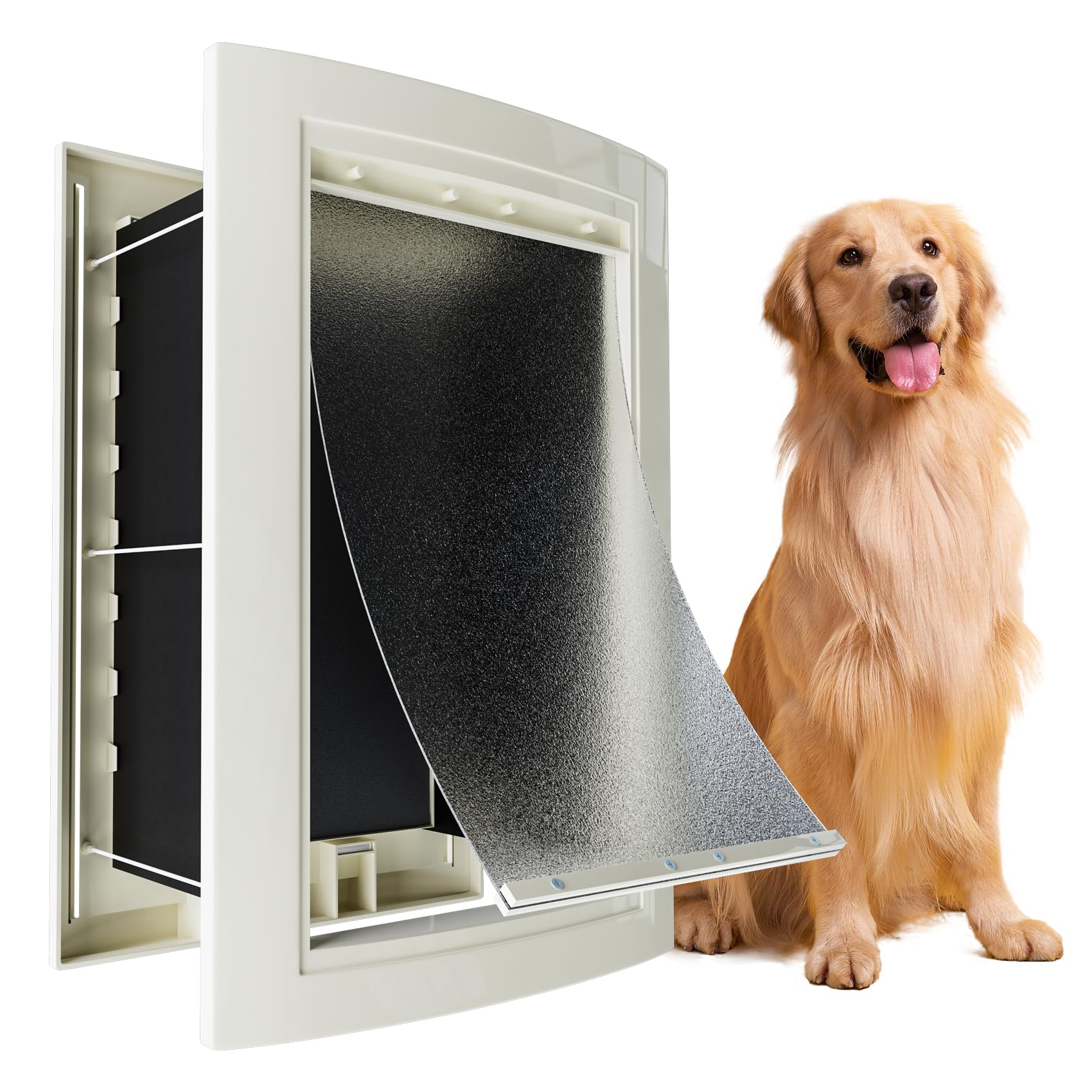 Mestyl Dog Door For Wall, Pet Door, Doggie Door With Telescoping Tunnel, Double Magnetic Flaps And Sliding Lock Panels, 3-Flap D