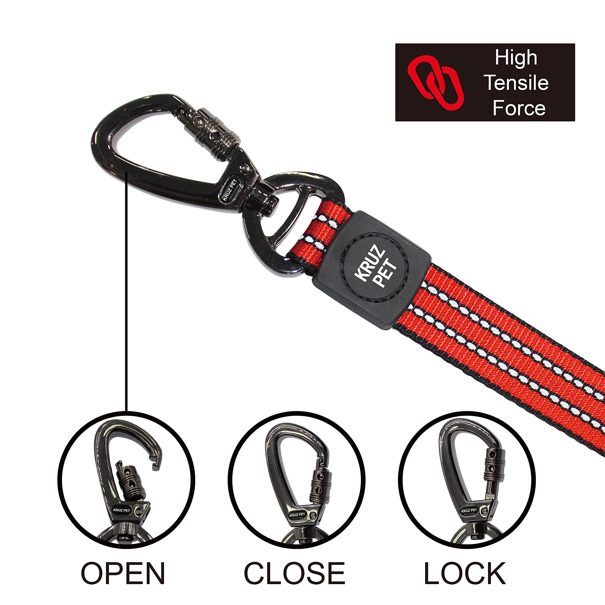 Kruz Pet Kzv5048-15L 4'' Long Reflective Heavy Duty Click Lock Hook Leash Strong, Secure Nylon Safety Lead With Locking Carabine