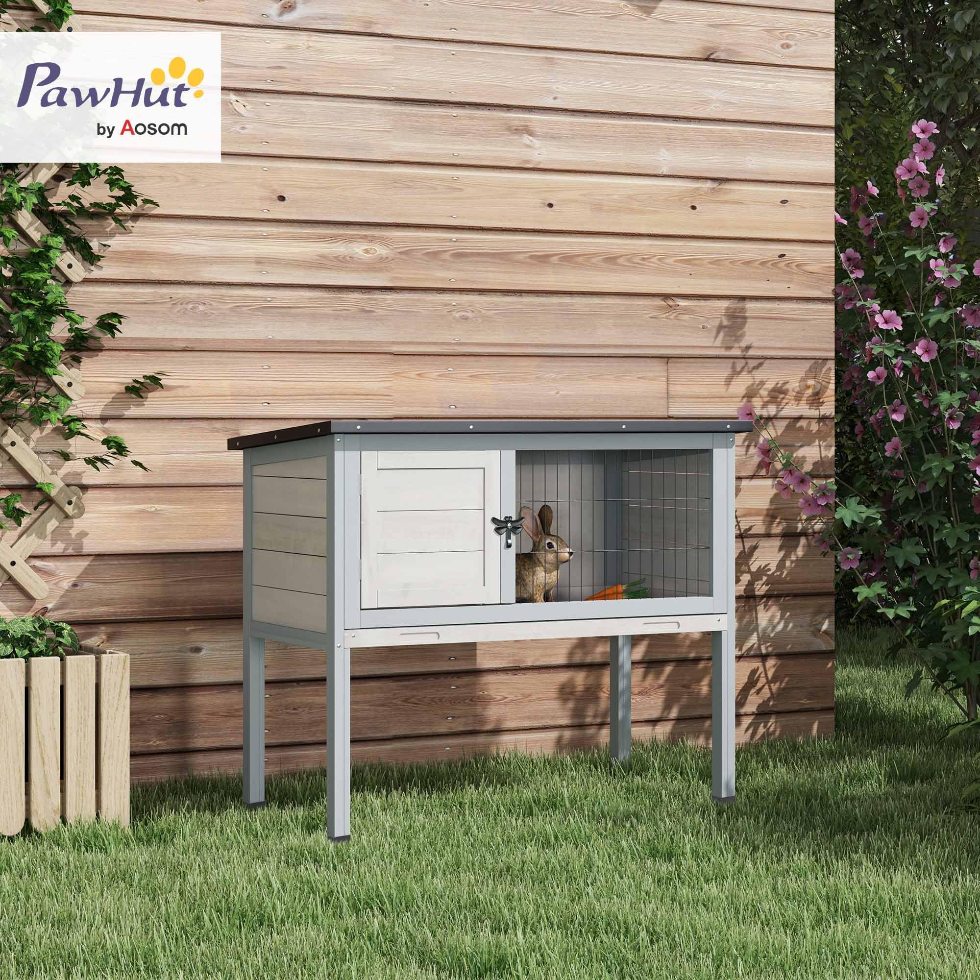 Pawhut Elevated Wooden Rabbit Hutch, Indoor/Outdoor Bunny Cage With Hinged Asphalt Roof And Removable Tray For Guinea Pig, Gray