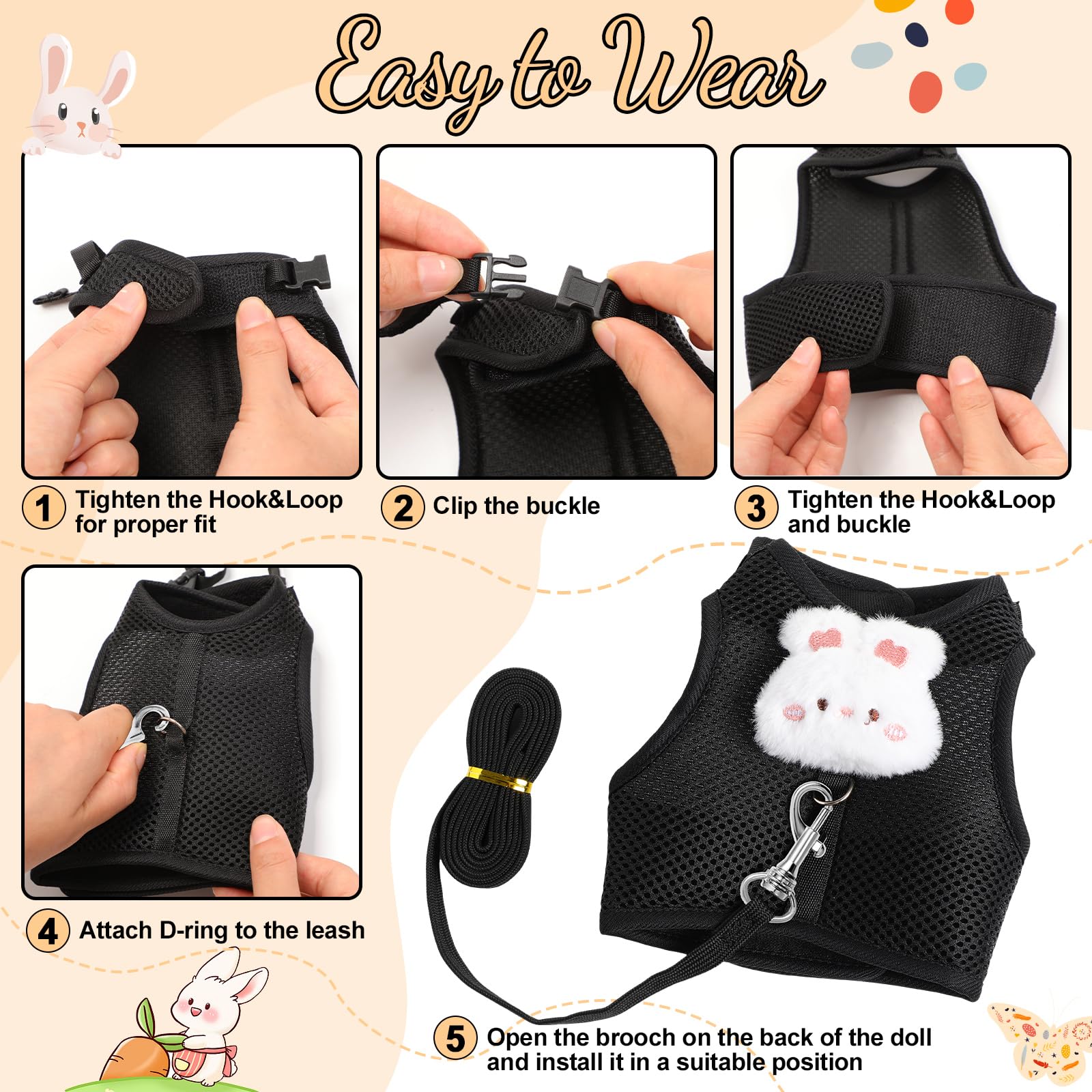 Rabbit Harness And Leash Set With 2 Cute Decorations Bunny Clothes Adjustable Buckle Breathable Mesh Vest Harness For Rabbits Fe