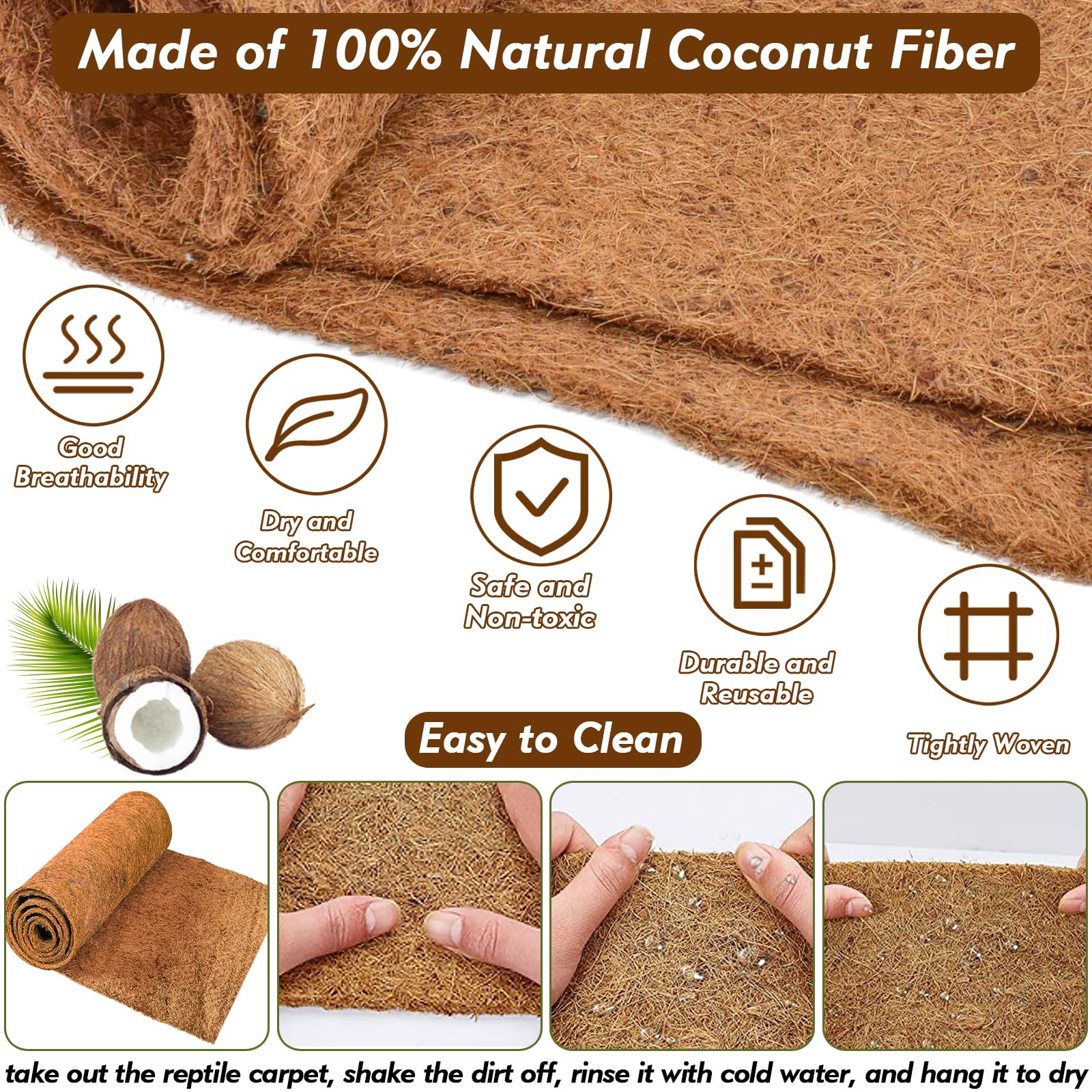 ZeeDix 3 Rolls Coconut Fiber Reptile Substrate Mat, 24 x 48 inches Natural Coco Mat Reptile Carpet Coco Fiber Liner Turtle Beddi