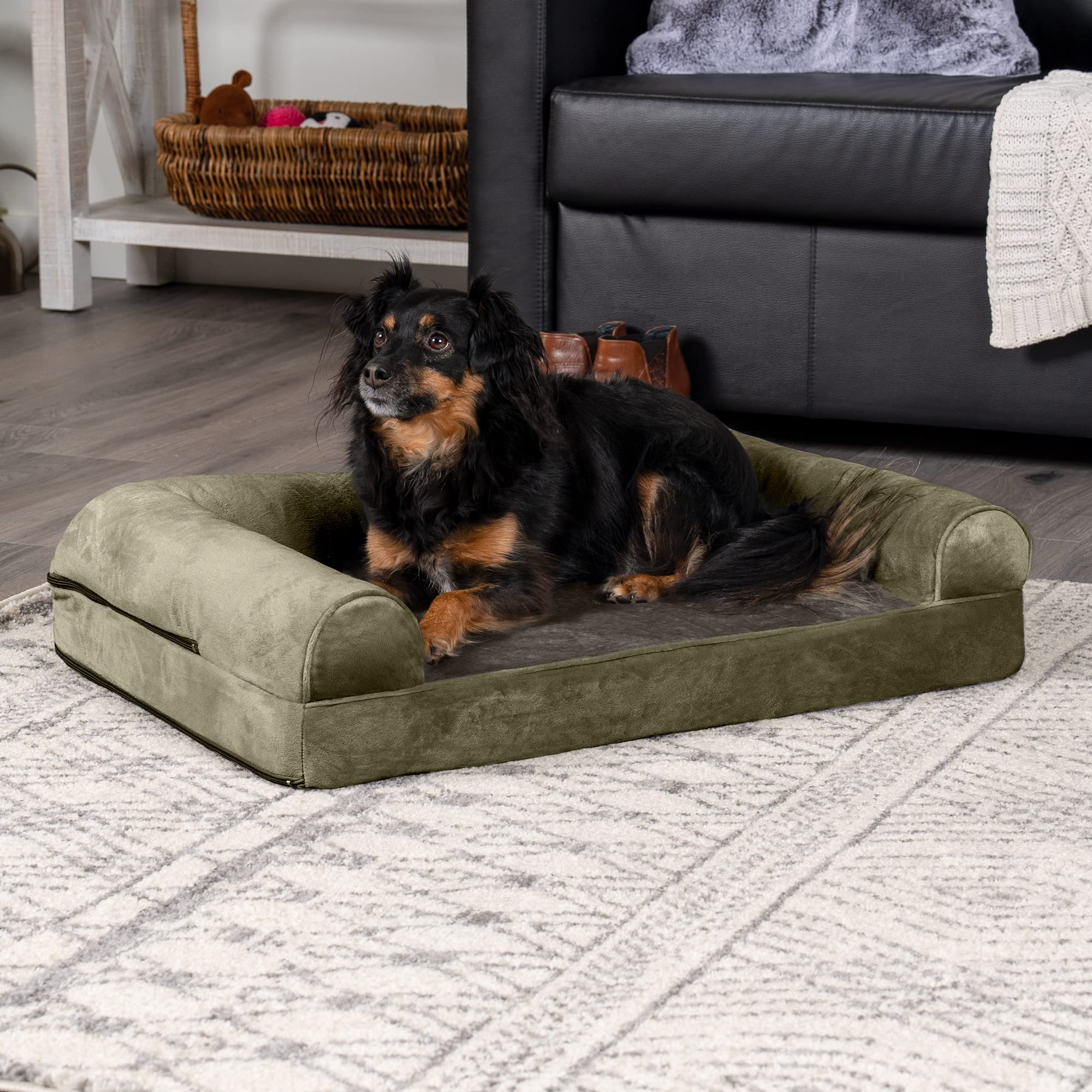 Furhaven Orthopedic Dog Bed For Medium/Small Dogs W/ Removable Bolsters & Washable Cover, For Dogs Up To 35 Lbs - Faux Fur & Velvet Sofa - Dark Sage, Medium