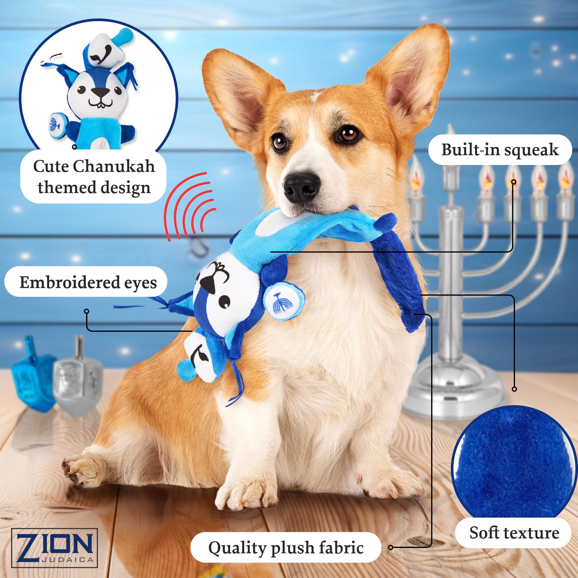 Aviv Judaica Hanukkah Themed Squeaky Plush Toys for Dogs Quality Fabrics Unstuffed Body Pet Toy Exciting Squeaking Pets Toy Medi