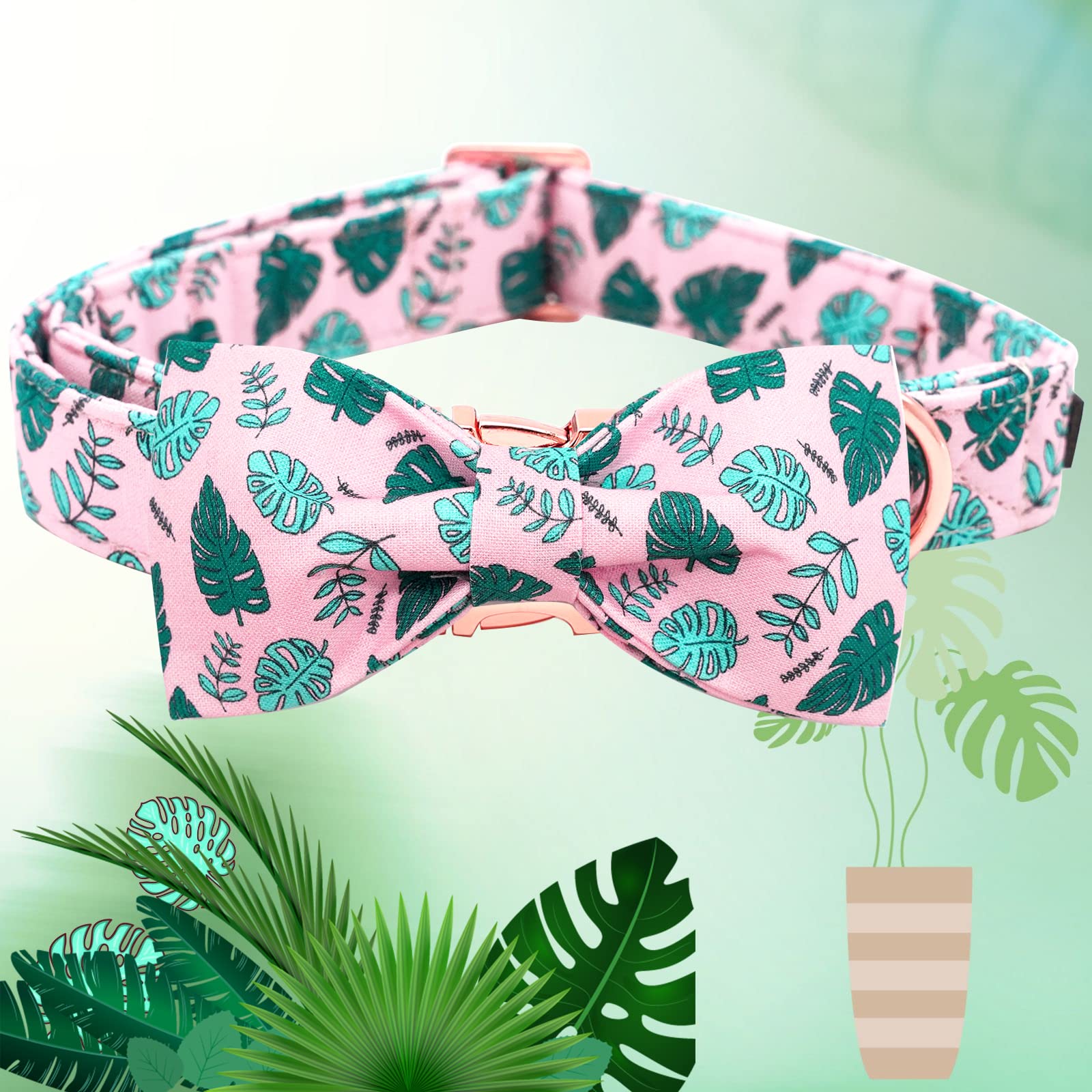 Elegant little tail Dog Collar, Pink Bandana Leaf Dog Collar with Bow Girl Dog Collar Pet Collars Soft Dog Bowtie Adjustable Dog