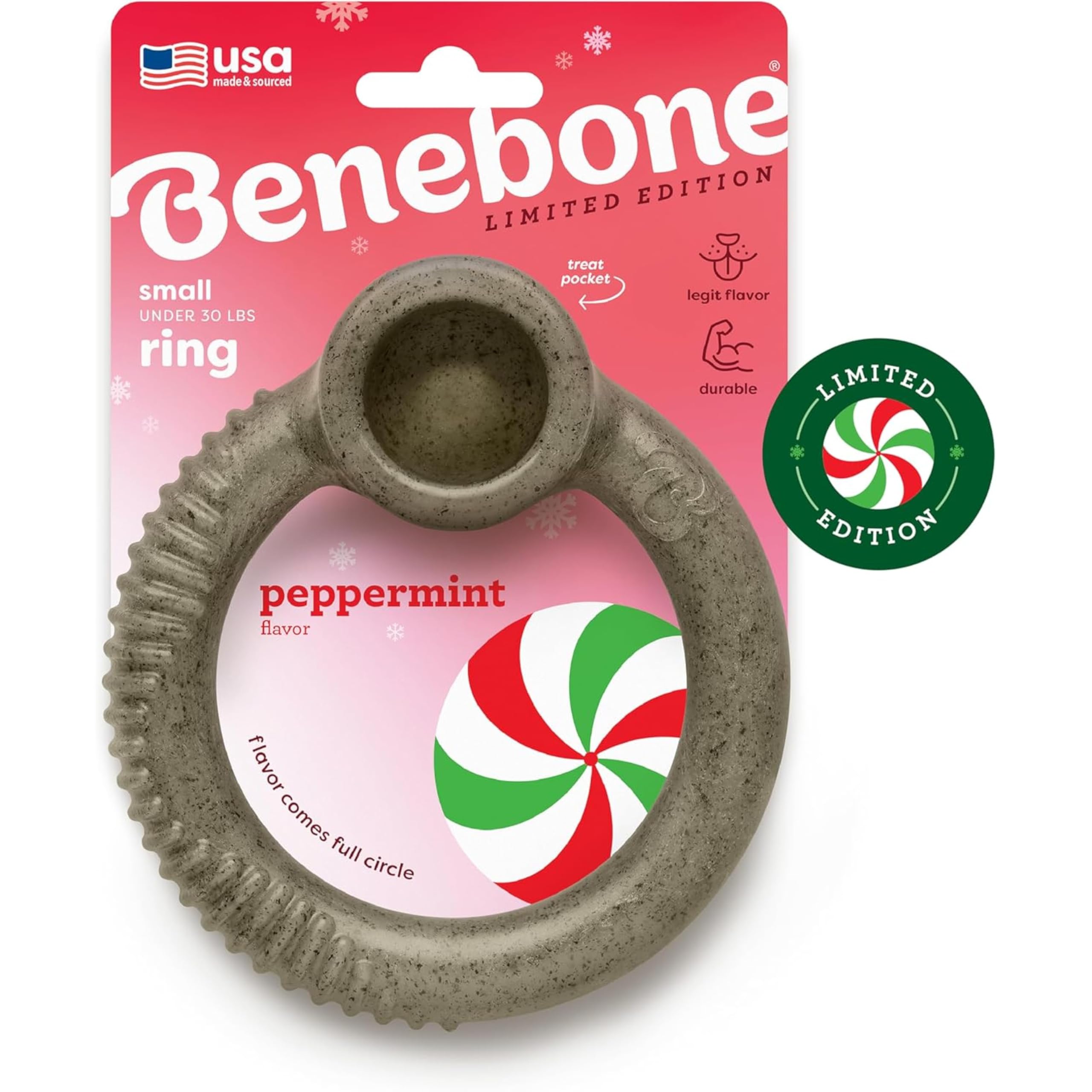 Benebone Peppermint Ring - Limited Edition Holiday Flavor, Durable Chew Toy for Aggressive Chewers, Made in USA, Small
