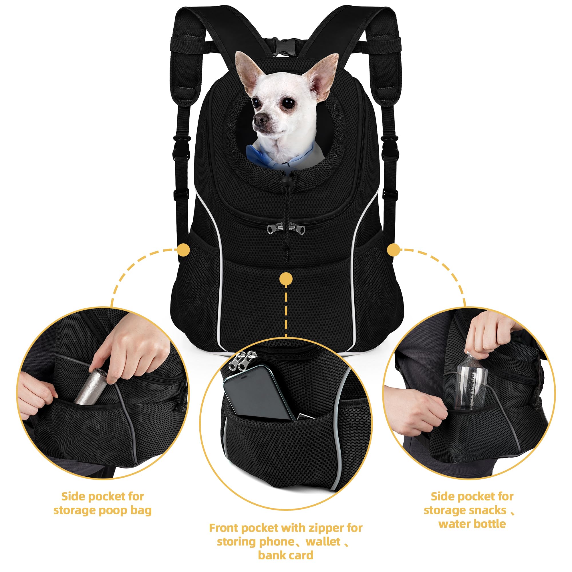 Woyyho Pet Dog Carrier Backpack Puppy Dog Travel Carrier Front Pack Breathable Head-Out Backpack Carrier For Small Dogs Cats Rabbits (L (Up To 14 Lbs), All Black)