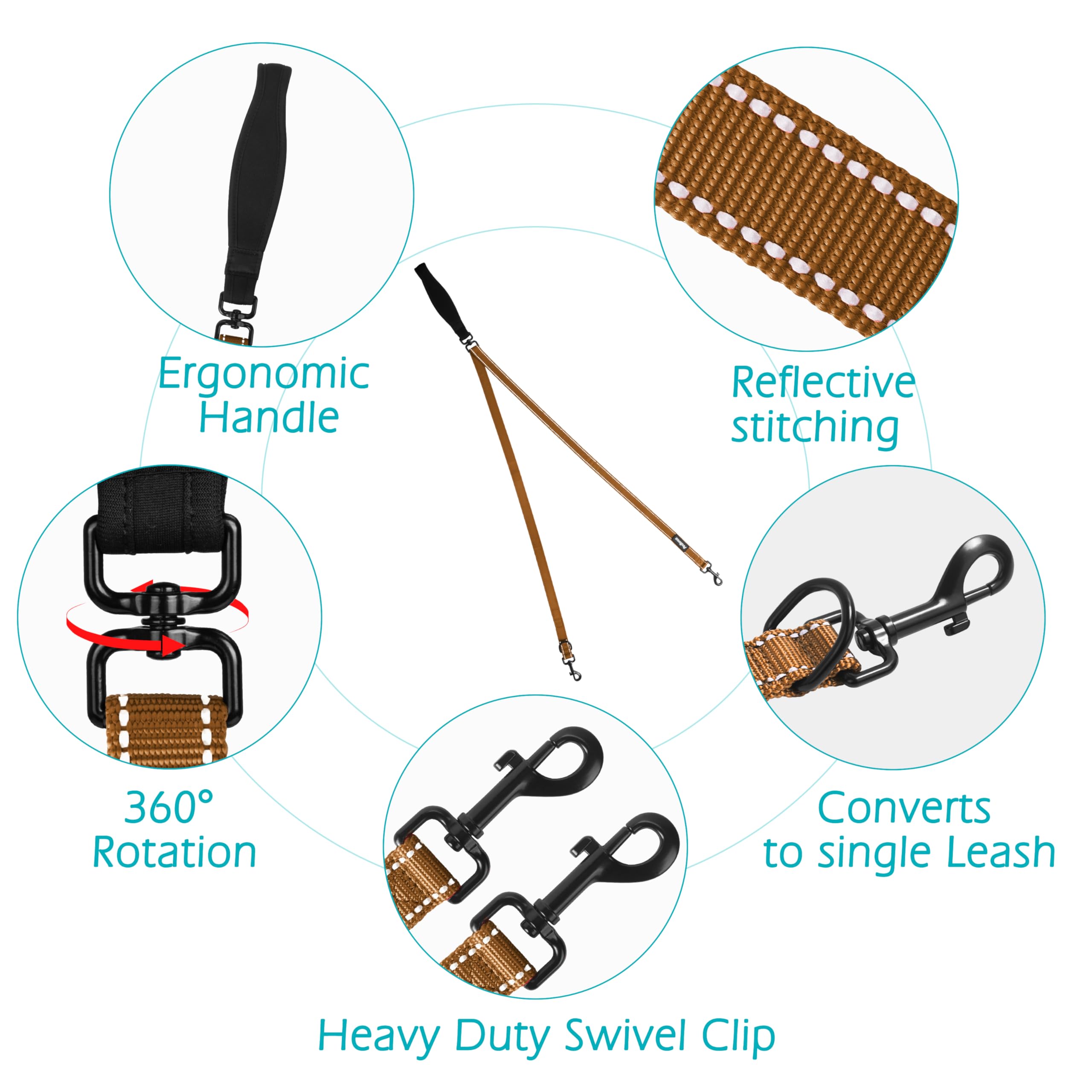 Petbonus Two Point Control Dog Leash, Works With No Pull Harnesses, No Tangle Dog Training Leashes, No Pull Padded And Reflectiv