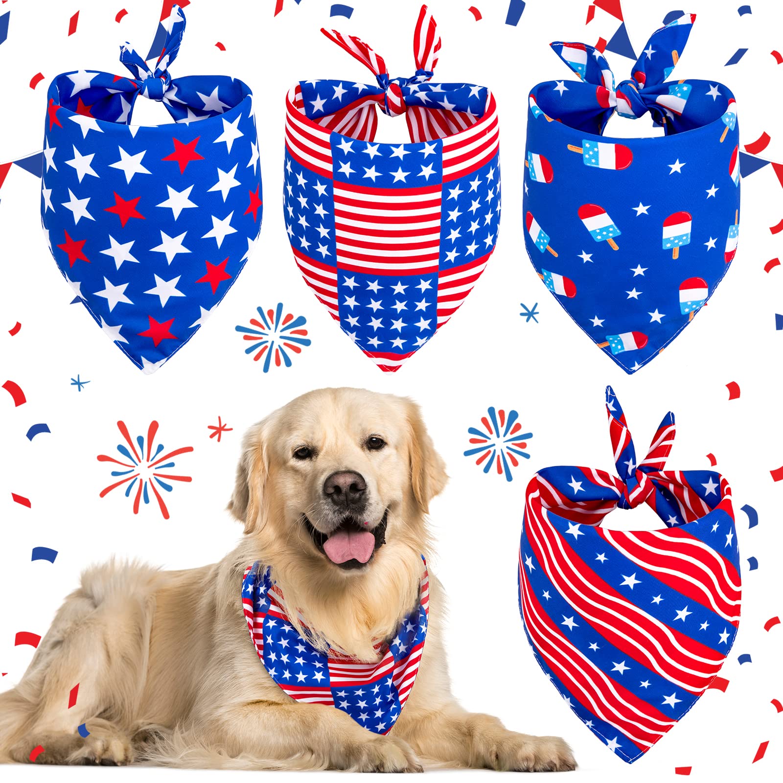 Whaline 4 Pack 4Th Of July Dog Bandanas American Flag Reversible Triangle Dog Bibs Patriotic Stars Stripes Pet Scarf Independenc